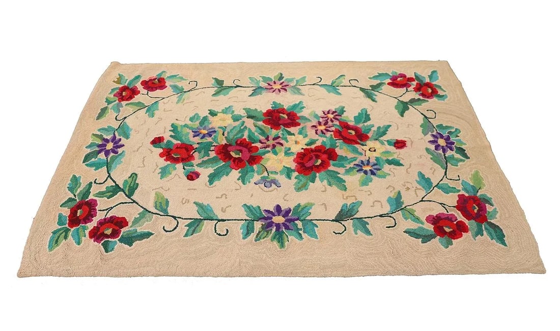 4'x6' Vintage American Hooked Rug | Antique American Floral Area Rug - 3