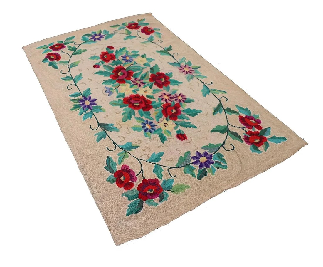 4'x6' Vintage American Hooked Rug | Antique American Floral Area Rug - 5