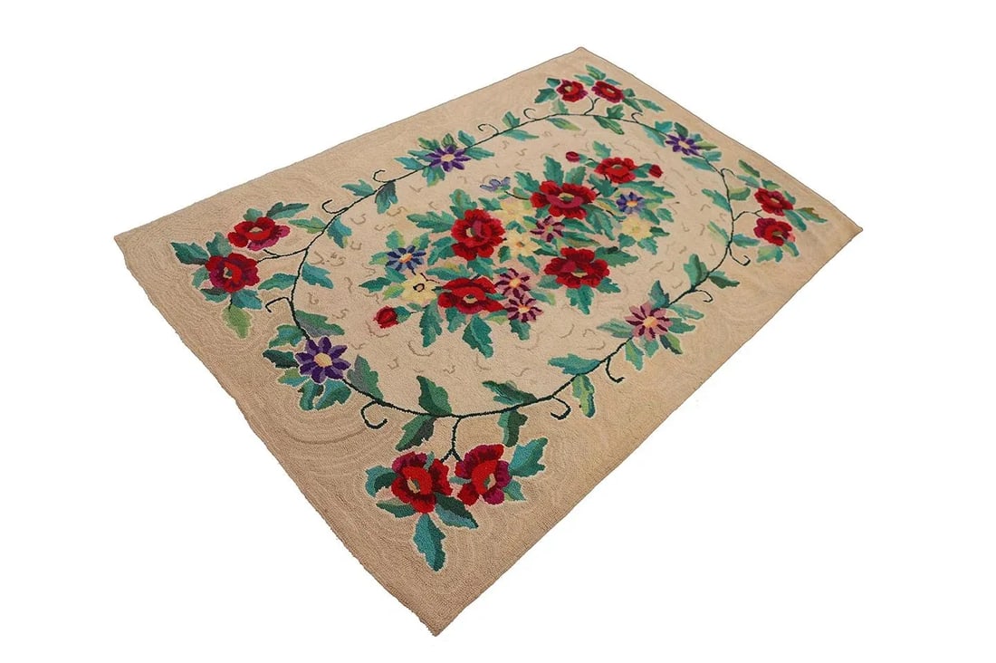 4'x6' Vintage American Hooked Rug | Antique American Floral Area Rug - 6
