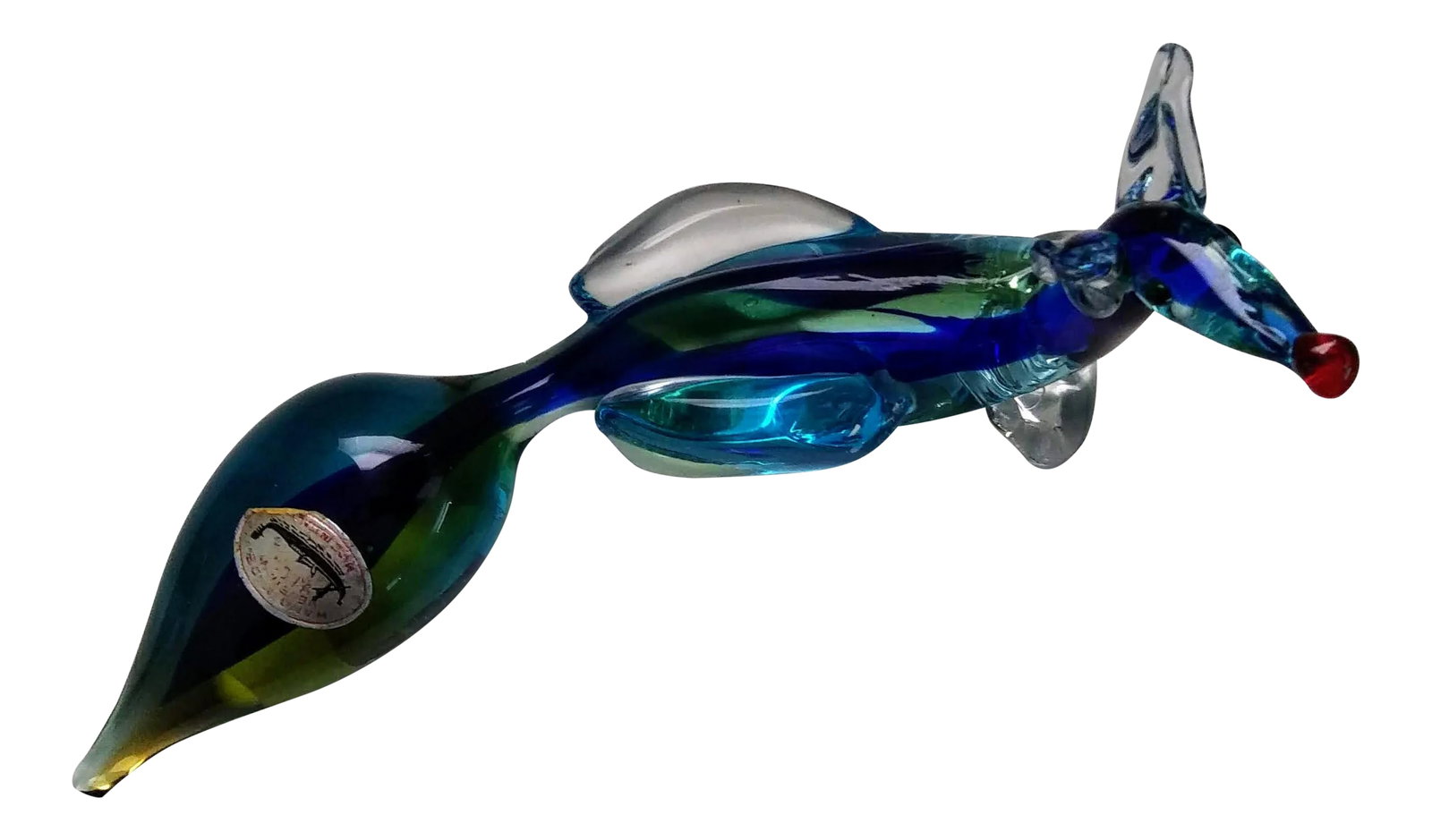Vintage 1950s Murano Glass Fox Figurine: This sensational and rare Royal Blue Fox with its vibrant red nose is 10" long and exquistely crafted. The subject matter of a fox is very rare and was part of a renaissance in the 1950's by Venetian