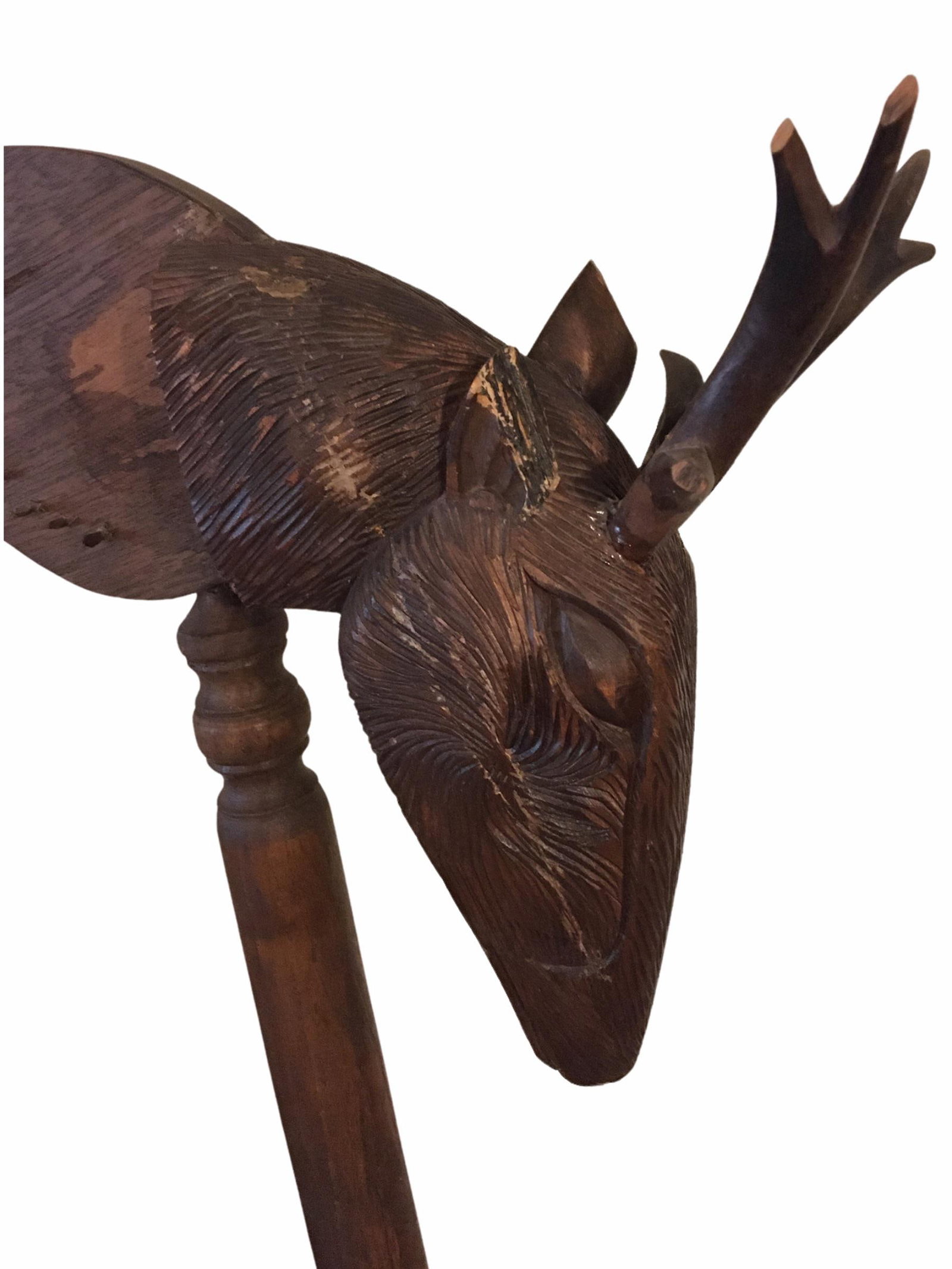 Large Antique Early 20th Century Oak Wood Stag Head Harp - 10