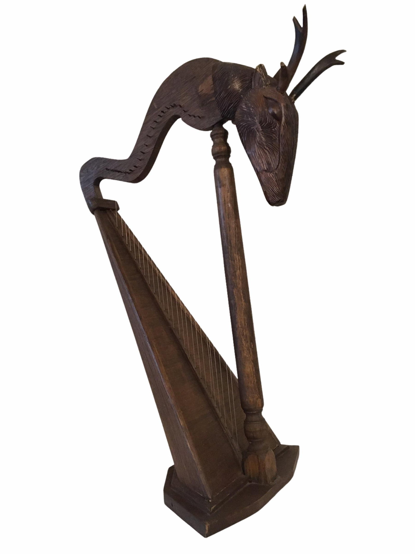 Large Antique Early 20th Century Oak Wood Stag Head Harp - 13