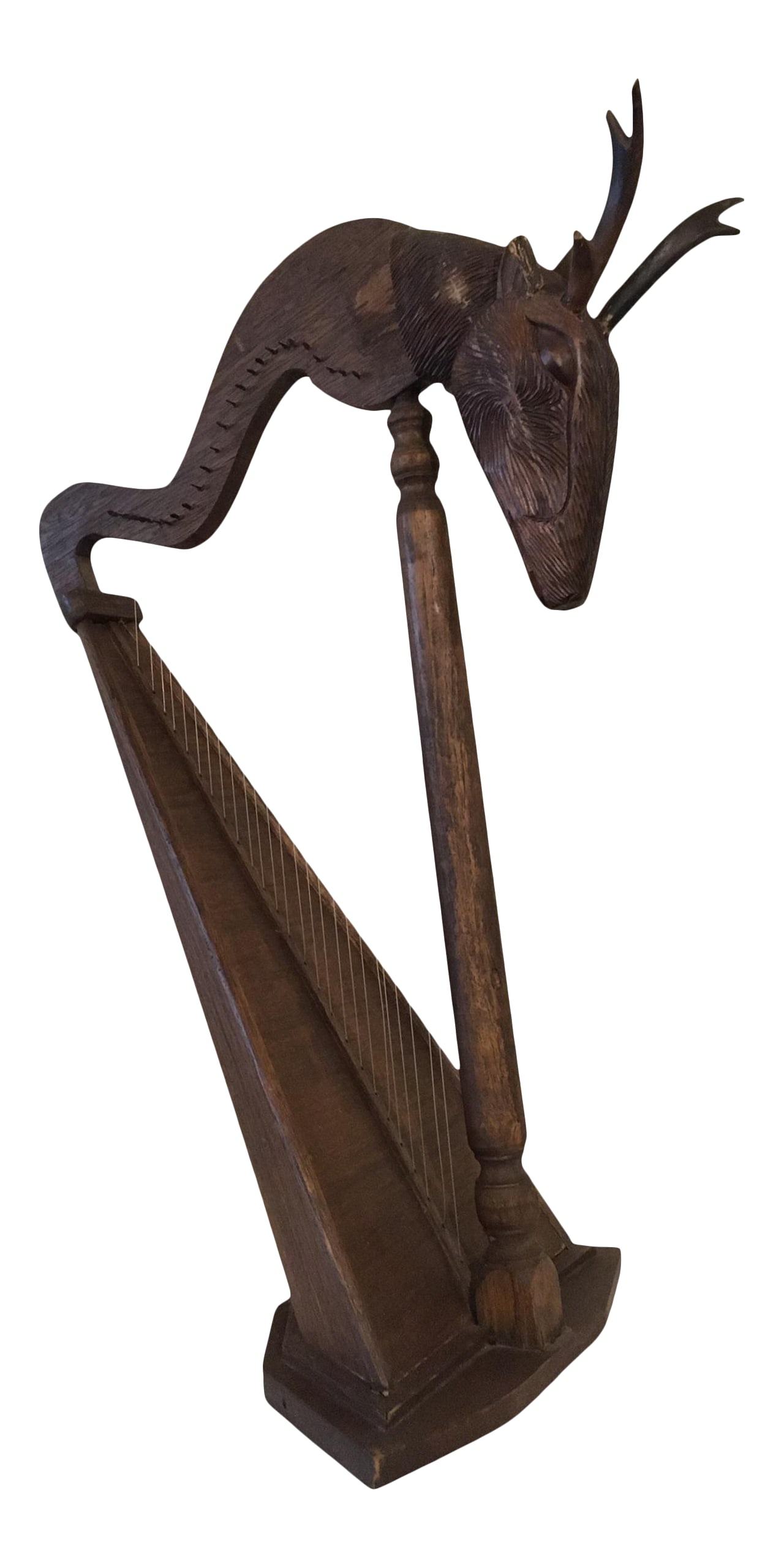 Large Antique Early 20th Century Oak Wood Stag Head Harp: Beautiful antique stringed harp of oak wood. Features an oak body with a carved head depicting a stag / deer. Would make a great accent piece to any decor. Condition: Alterations: Original Condition