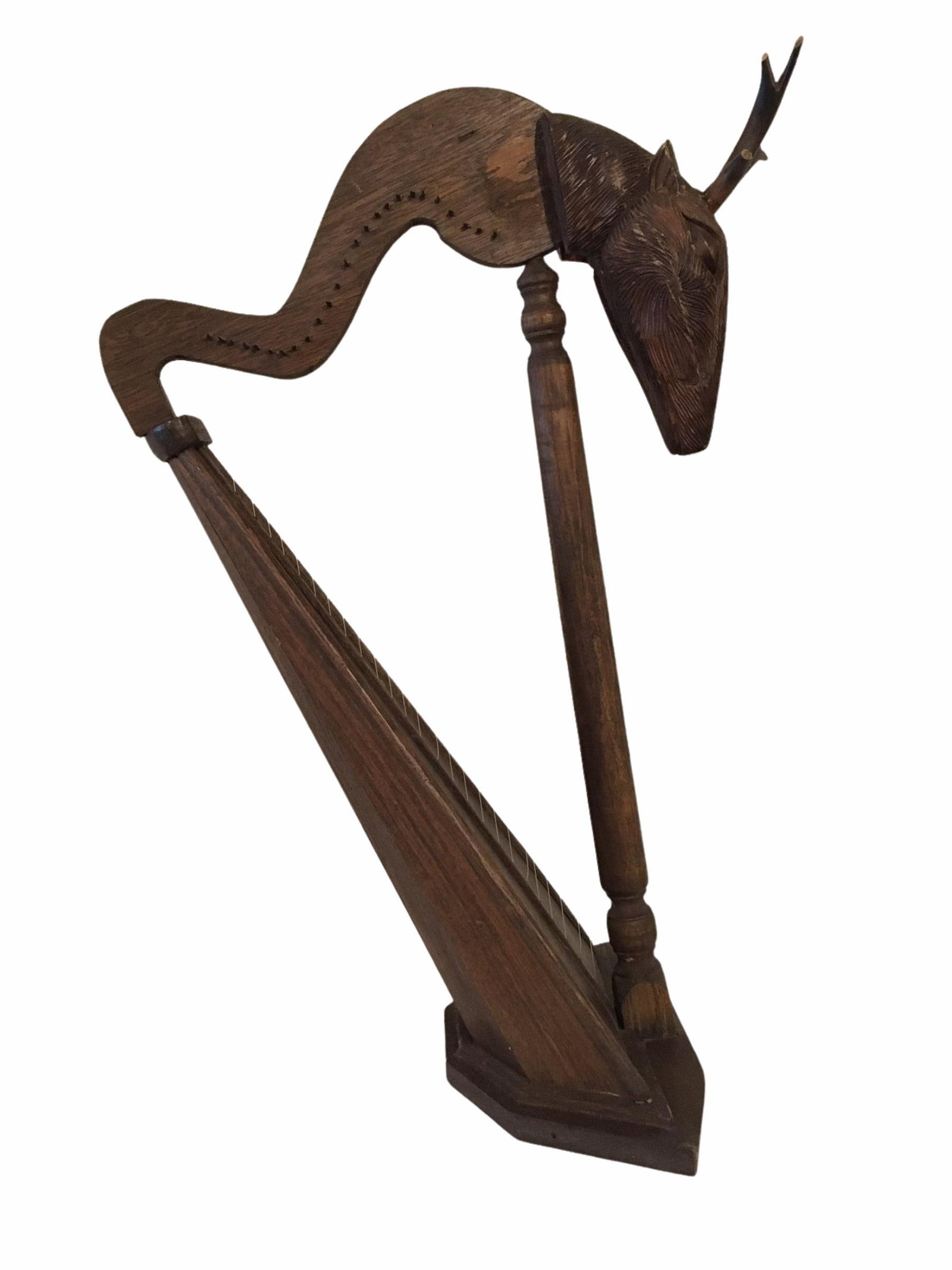 Large Antique Early 20th Century Oak Wood Stag Head Harp - 2