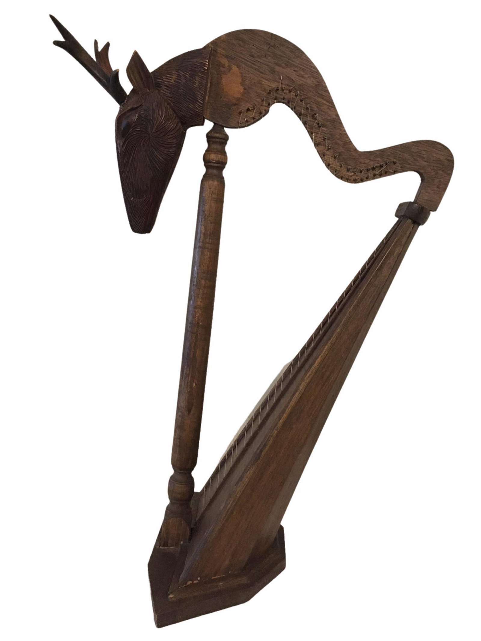Large Antique Early 20th Century Oak Wood Stag Head Harp - 3