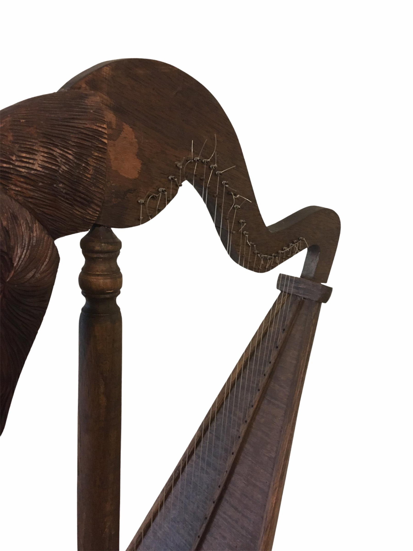 Large Antique Early 20th Century Oak Wood Stag Head Harp - 6