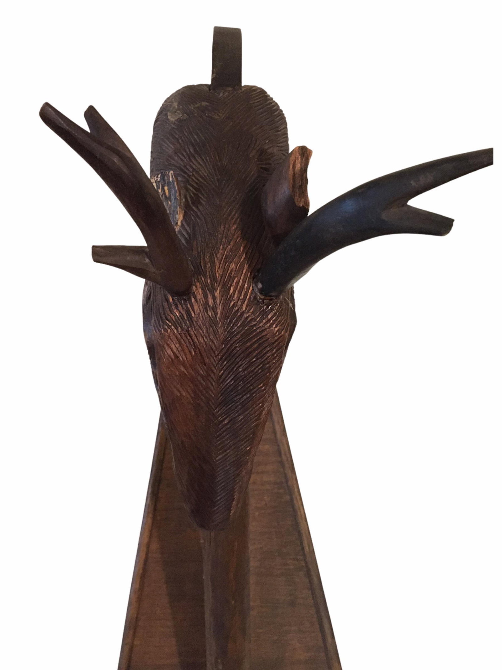 Large Antique Early 20th Century Oak Wood Stag Head Harp - 9