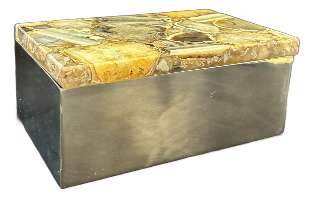 Agate and Steel Accessories Box: Steal box with sliced agate lid. Great as a catchall at an entrance or for tv remotes and chargers. Also great for kitchen supplies and many more uses. Bedroom wallet and keys, trinkets, jewelry, and 