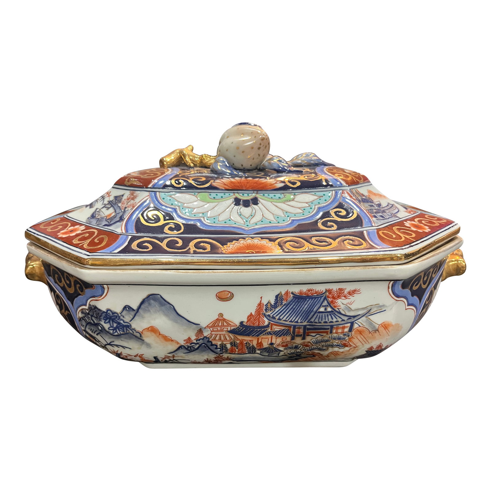 Vintage Mid Century Japanese Arita Style Moriage Enamel Decorative Serving Tureen: Stunning vintage Japanese Arita style serving tureen. Exquisitely hand painted with mulit-colored enamel moriage work, gilt gold, burnt orange, and blues. Lid pull is a lovely flower/fruit pod yet to 