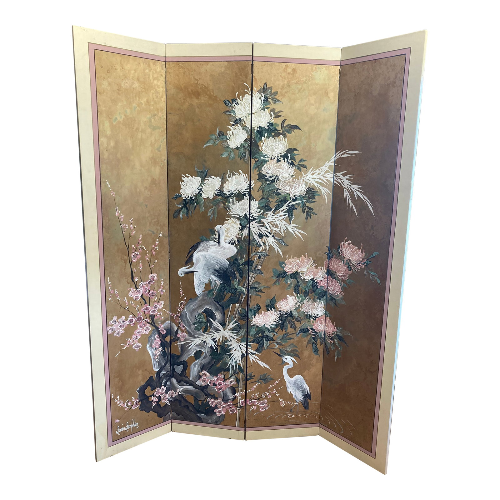 Mid-Century Lucien Leinfelder Hand Painted Four-Panel Asian Screen - Herons & Florals (1 of 13)