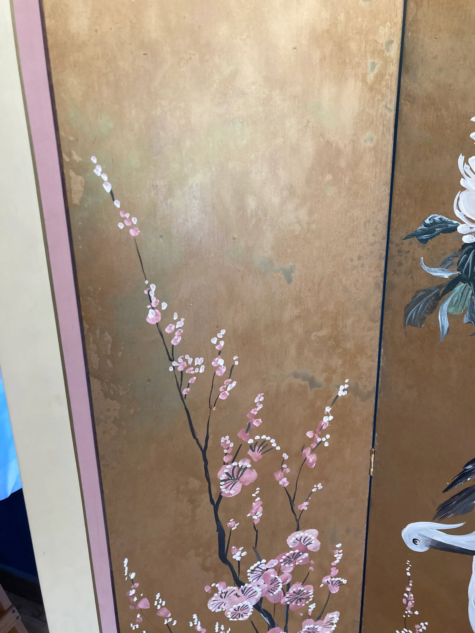 Mid-Century Lucien Leinfelder Hand Painted Four-Panel Asian Screen - Herons & Florals - 3
