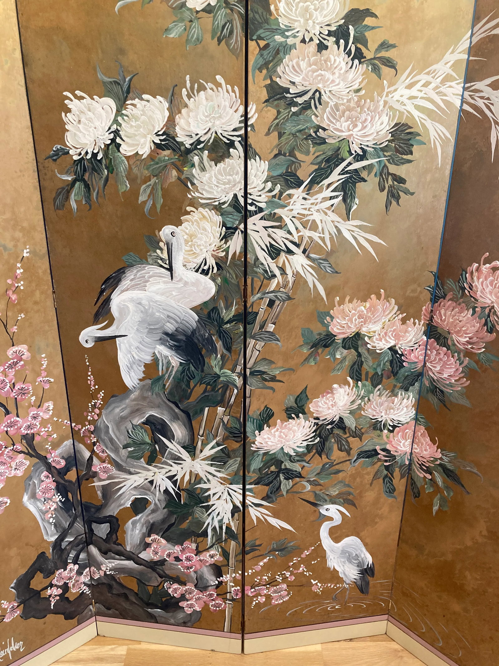 Mid-Century Lucien Leinfelder Hand Painted Four-Panel Asian Screen - Herons & Florals - 4