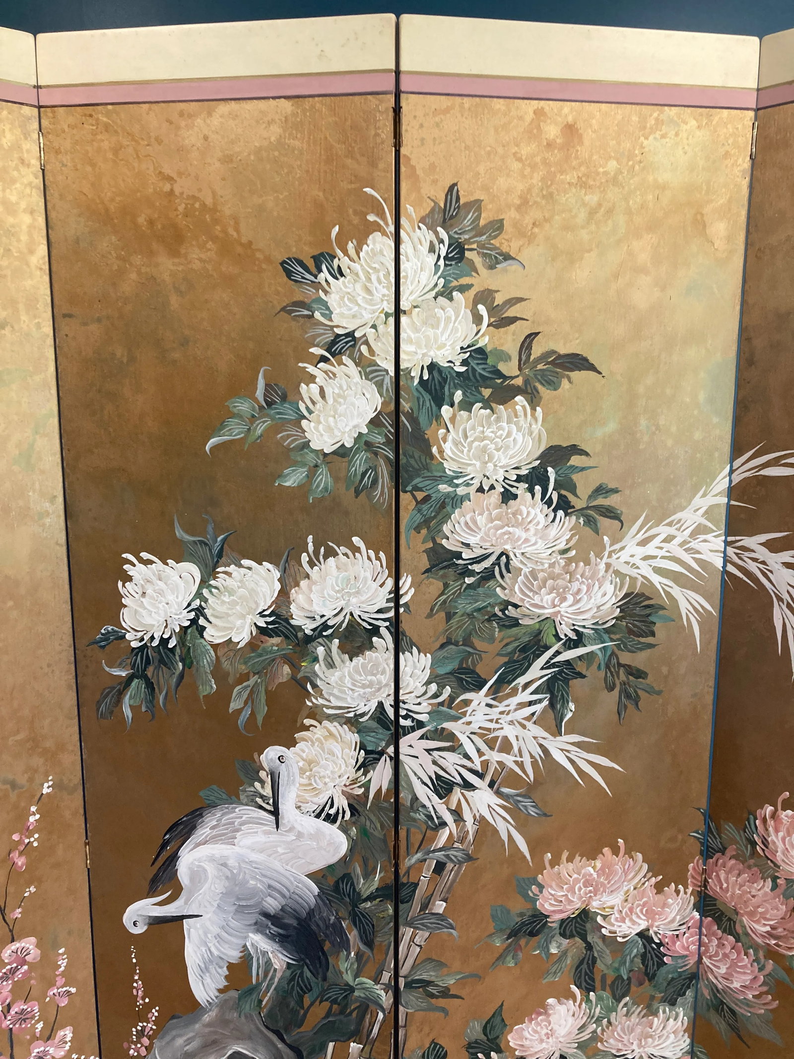 Mid-Century Lucien Leinfelder Hand Painted Four-Panel Asian Screen - Herons & Florals - 5