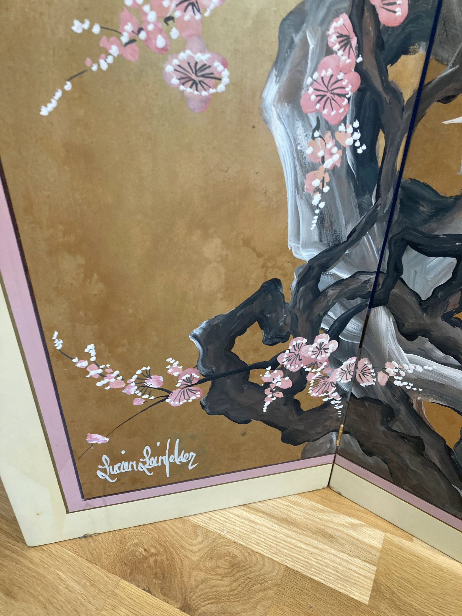 Mid-Century Lucien Leinfelder Hand Painted Four-Panel Asian Screen - Herons & Florals - 6