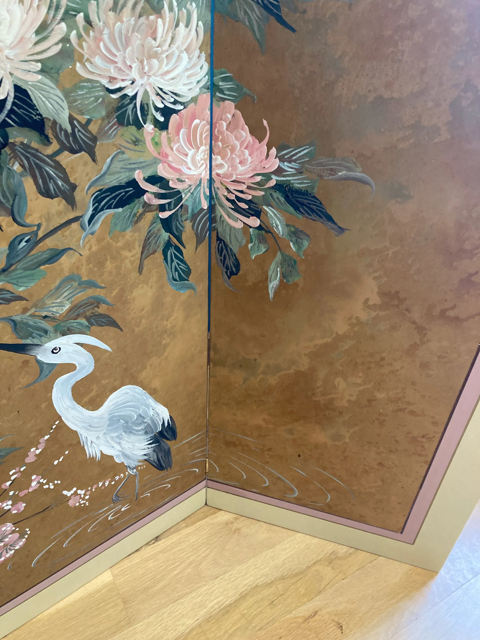 Mid-Century Lucien Leinfelder Hand Painted Four-Panel Asian Screen - Herons & Florals - 8