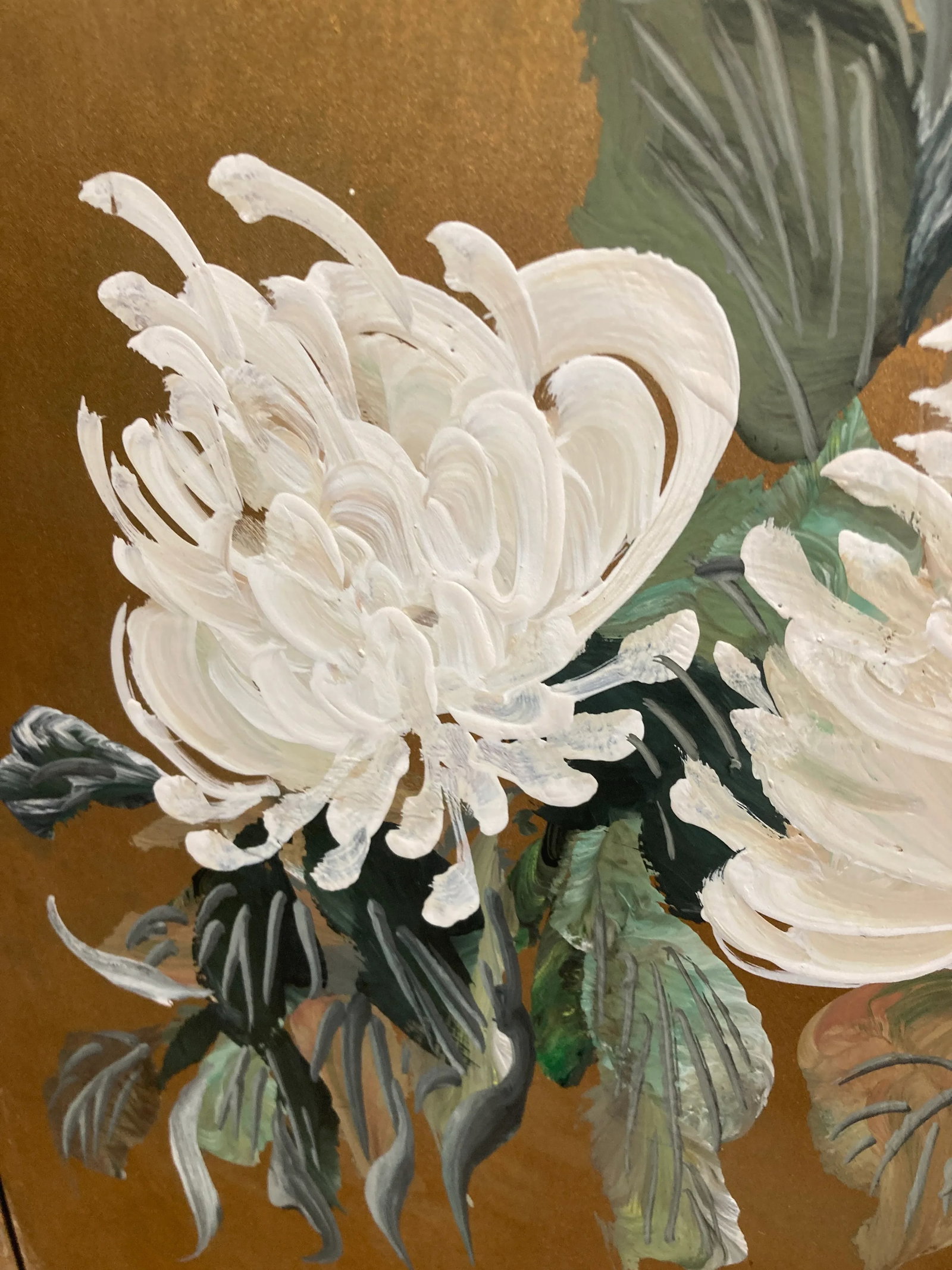Mid-Century Lucien Leinfelder Hand Painted Four-Panel Asian Screen - Herons & Florals - 9