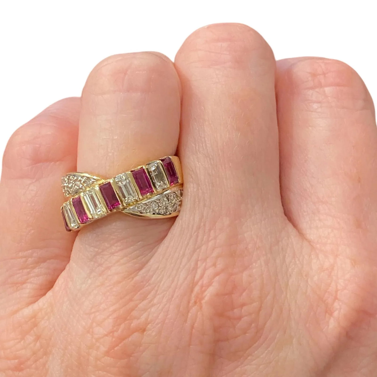 18k Gold Ruby and Diamond Crossover Ring, Size 6.5 - 2