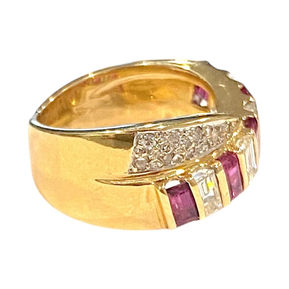 18k Gold Ruby and Diamond Crossover Ring, Size 6.5 - 5