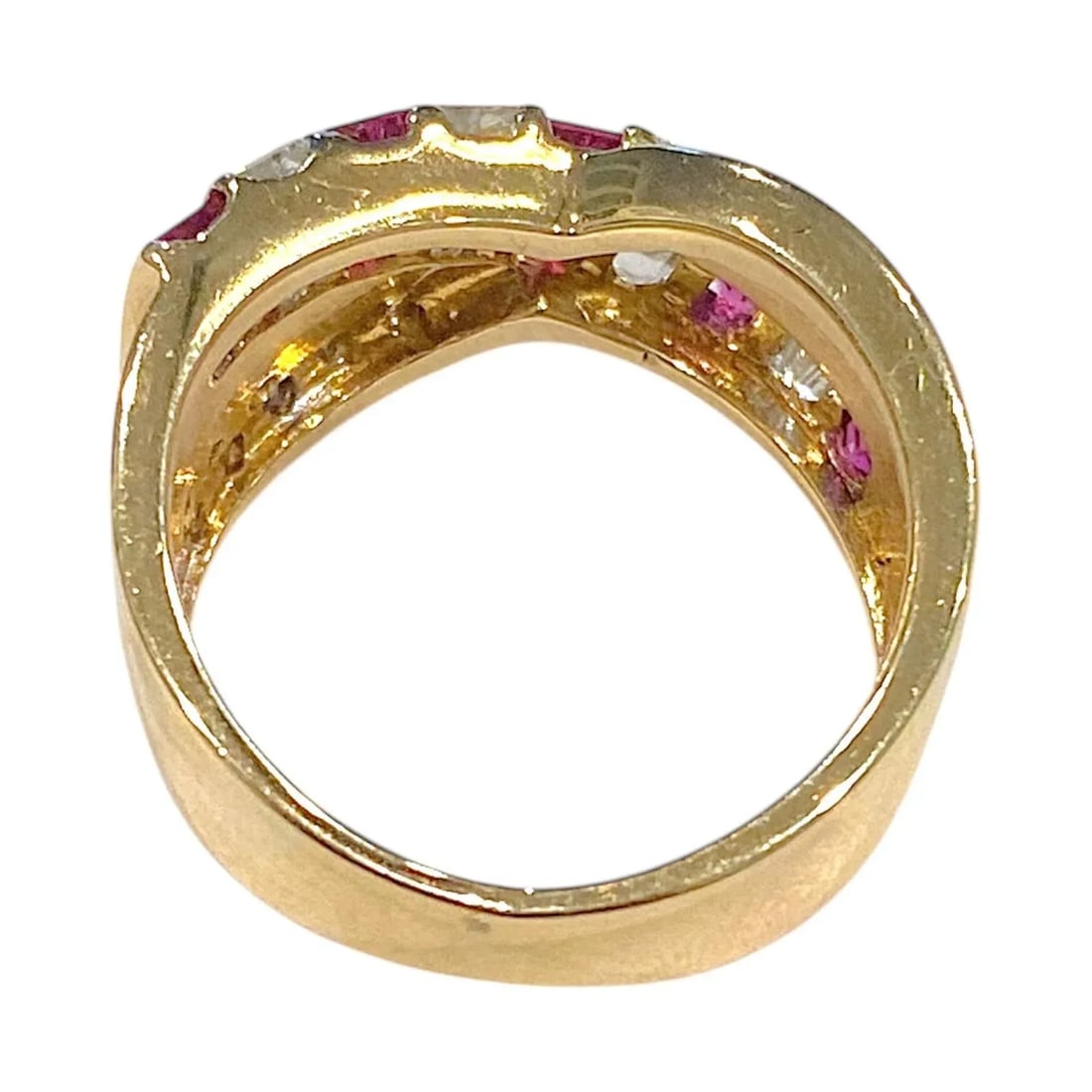 18k Gold Ruby and Diamond Crossover Ring, Size 6.5 - 6