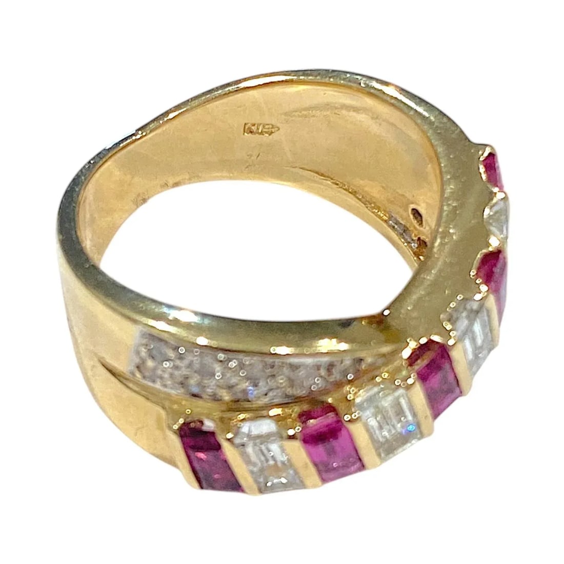 18k Gold Ruby and Diamond Crossover Ring, Size 6.5 - 8