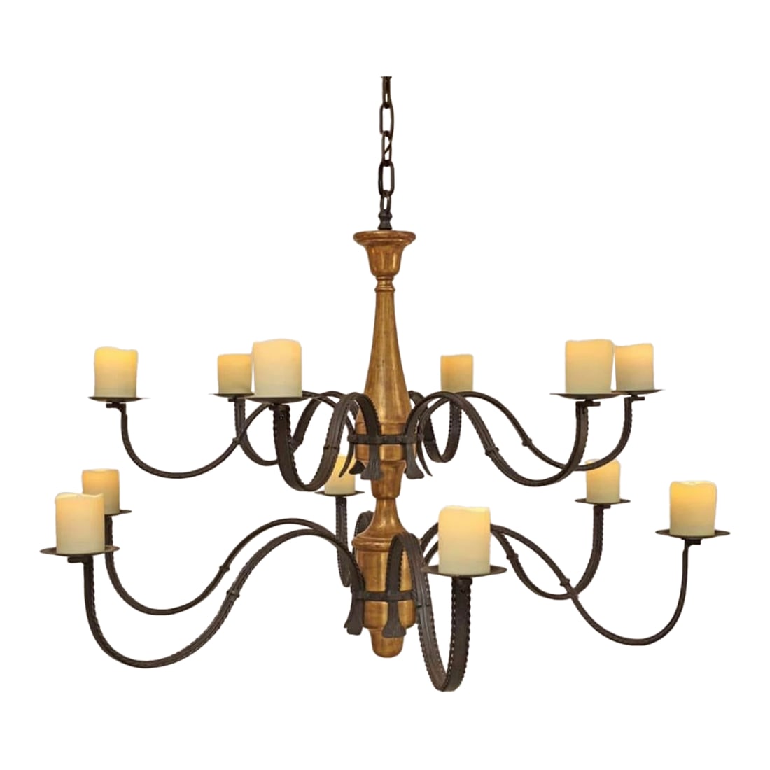 Paul Ferrante Clinton Chandelier: Paul Ferrante Clinton Chandelier Excellent condition - Approx. 10 years old 59" dia. x 33" high, plus chain Finish: Old Iron arms and chain 22 Karat Gold Leaf on wood Ivory resin candle sleeves 12