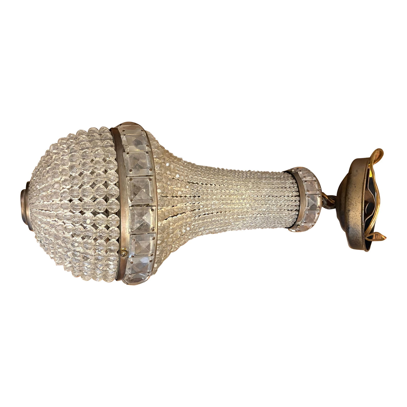 Vintage Czech Empire Crystal Chandelier: Gorgeous vintage Czech crystal beaded Empire-style dome chandelier from the 1950s. It details the design, materials, condition, and origin of the piece. It features a brass frame and Bohemian crystal
