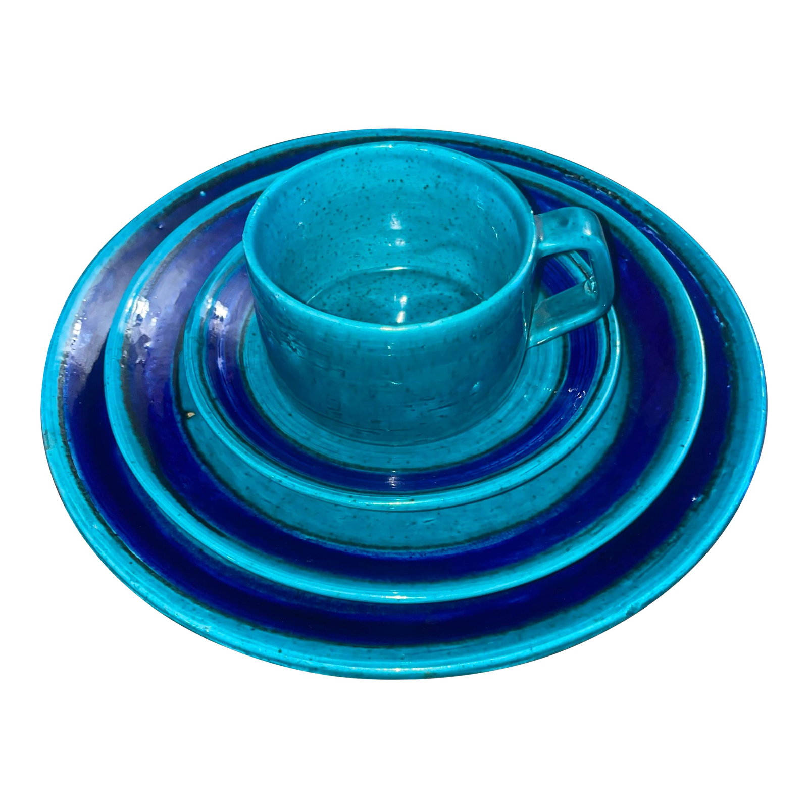 1960s Mid-Century Modern Baldelli Dinnerware, 6 Place Settings- 24 Pieces: This is a set of Baldelli Italian Ceramic Dinnerware in vibrant turquoise and cobalt blue. Each place setting includes an 10.75" dinner plate, an 8.75" salad plate, a 6.75" bread plate and a 3.75"