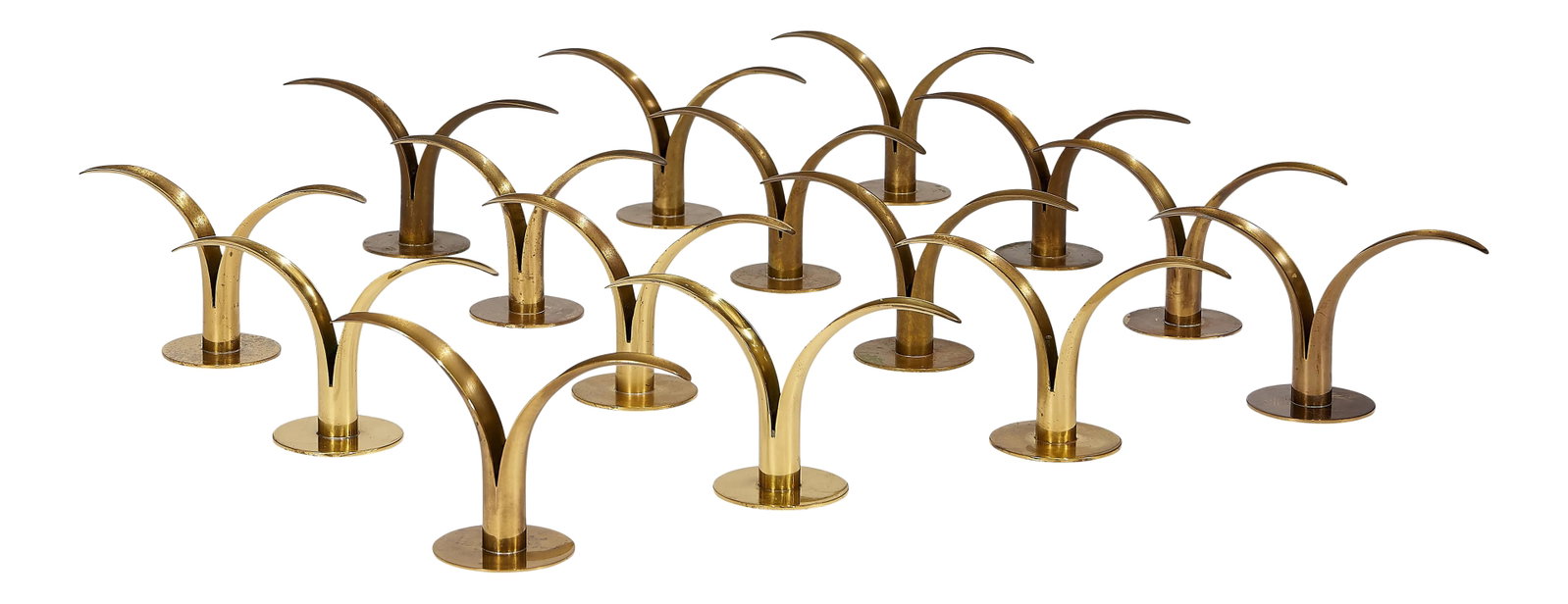 1960s Marked Brass Candleholders by Ivar Alenius Bjork (1905-1978) for Ystad, Sweden - Collection of: A collection of 15 brass candleholders by Ivar Alenius Bjork (1905-1978) for Ystad, Sweden, 1960s with impressed marks to each. 8"w x 3"d x 4 3/4"h Condition: Alterations: Original Condition Unaltered