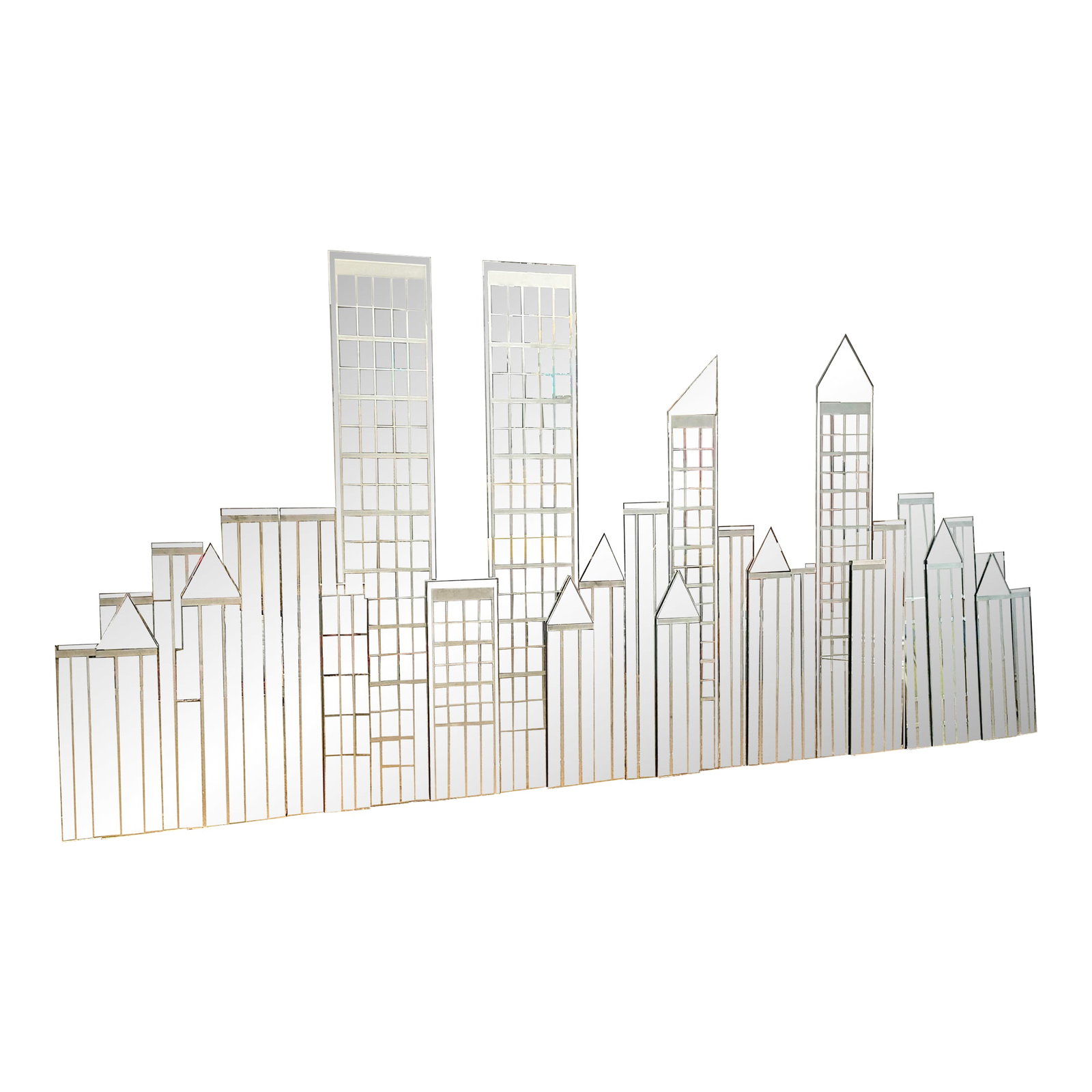 Vintage 1980s Large New York City Skyline 3D Wall Mirror: Great original 1980s vintage New York City skyline wall mirror including the Twin Towers. This wall mirror is 3 dimensional in design and is made up of 3 panels to be mounted side by side. The full in