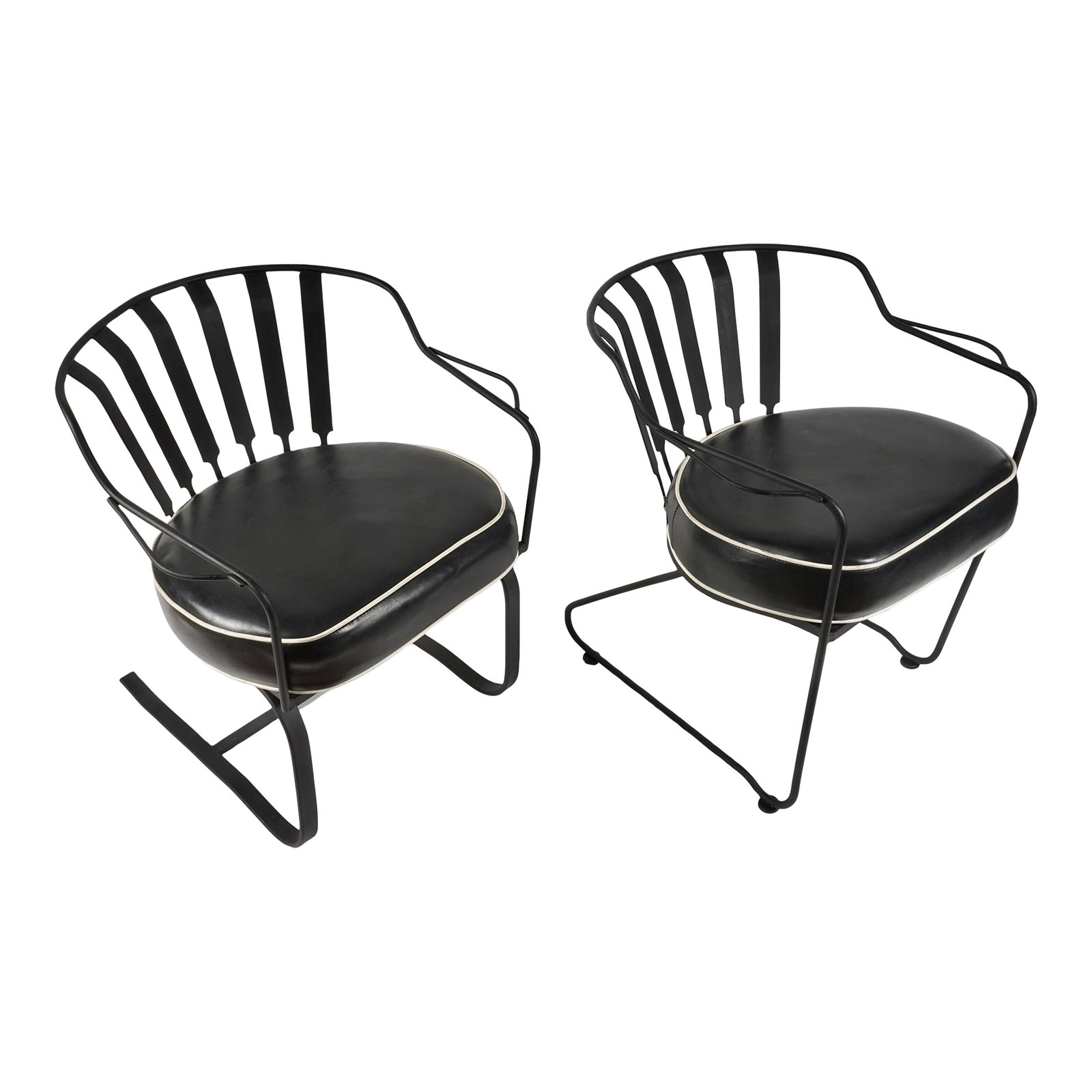 Mid 20th Century Wrought Iron Arm Chairs in the Style of Russell Woodard - Set of 2: Vintage Wrought Iron Chairs in the Style of Russell Woodard Set of 2. These chairs can be used outside or on your indoor patio. -Chair with the slay legs measurements 26"Wx24"Dx29.5"H Arm Height 24"H.