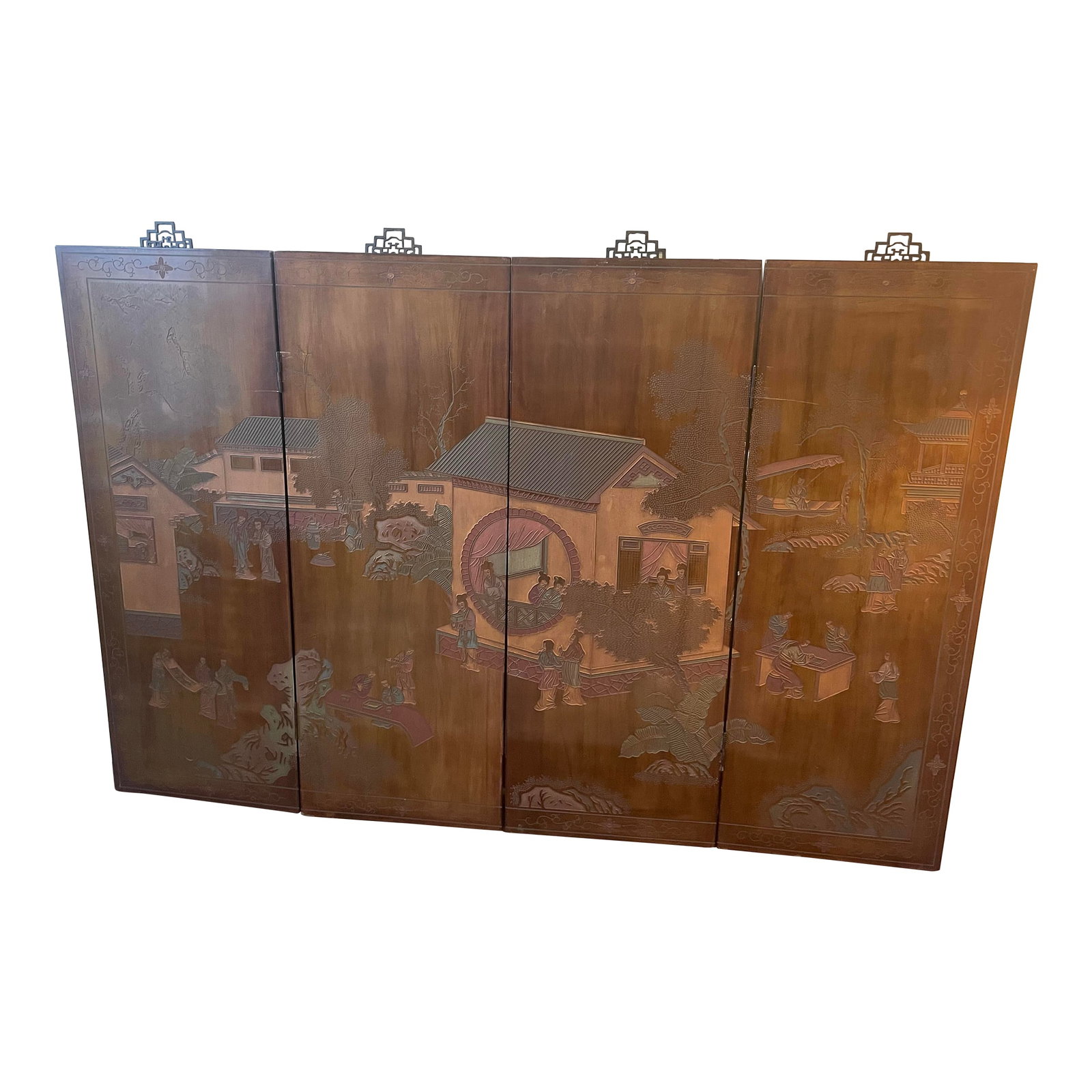 Early 20th Century Four Panel Wood Chinese Asian Coromandel Screen or Wall Art With Etched Landscape (1 of 12)