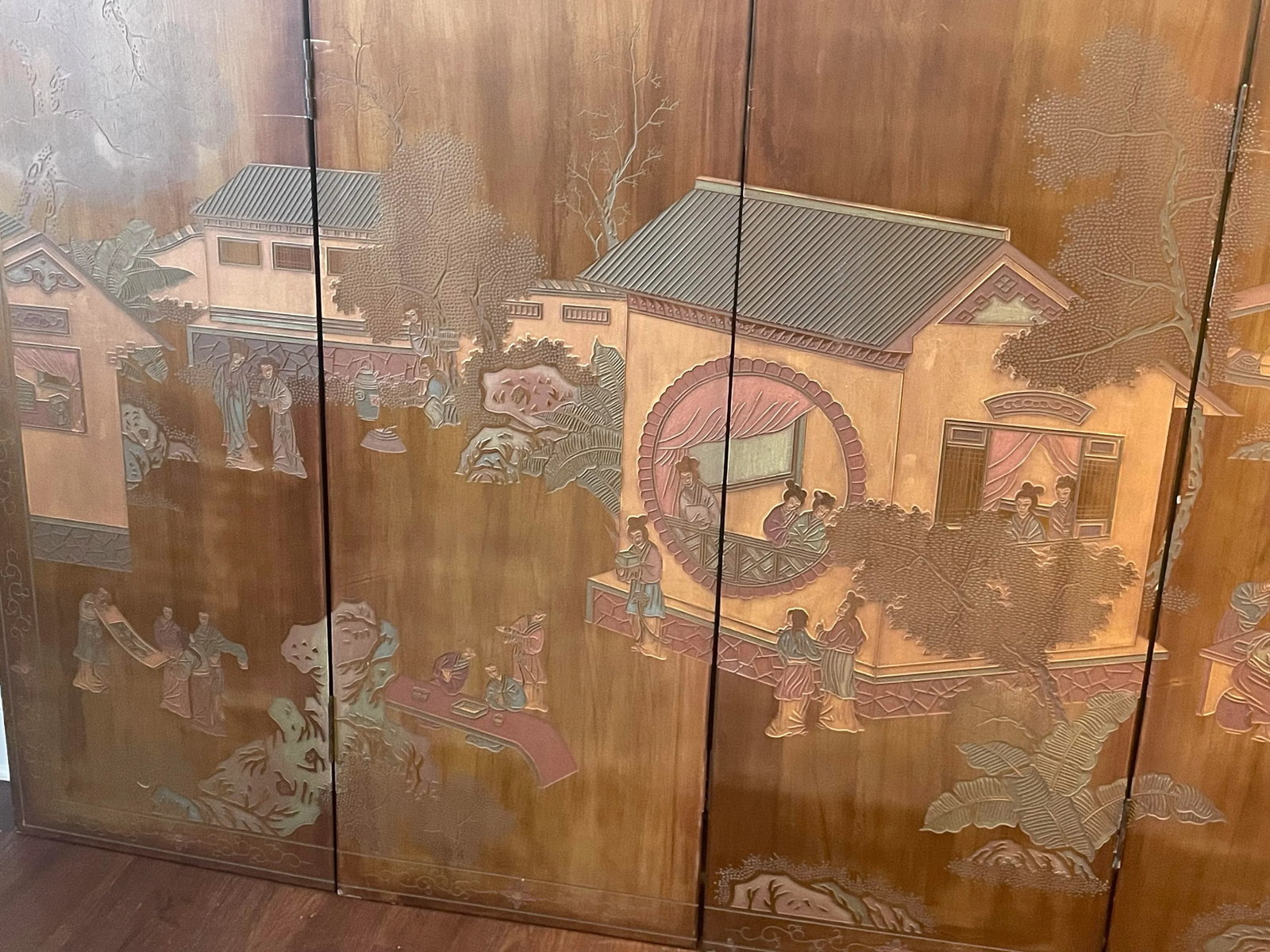 Early 20th Century Four Panel Wood Chinese Asian Coromandel Screen or Wall Art With Etched Landscape - 2