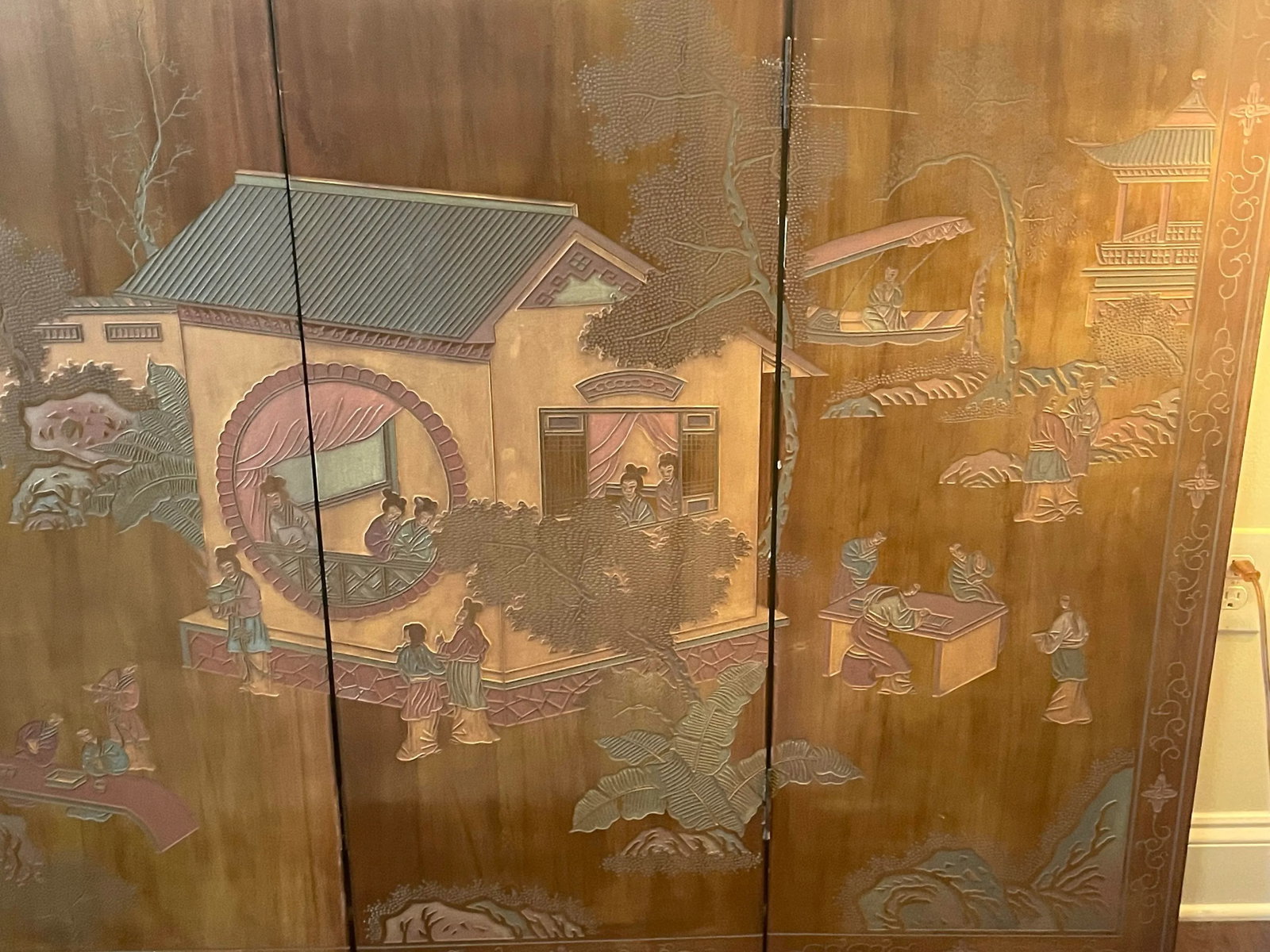 Early 20th Century Four Panel Wood Chinese Asian Coromandel Screen or Wall Art With Etched Landscape - 3