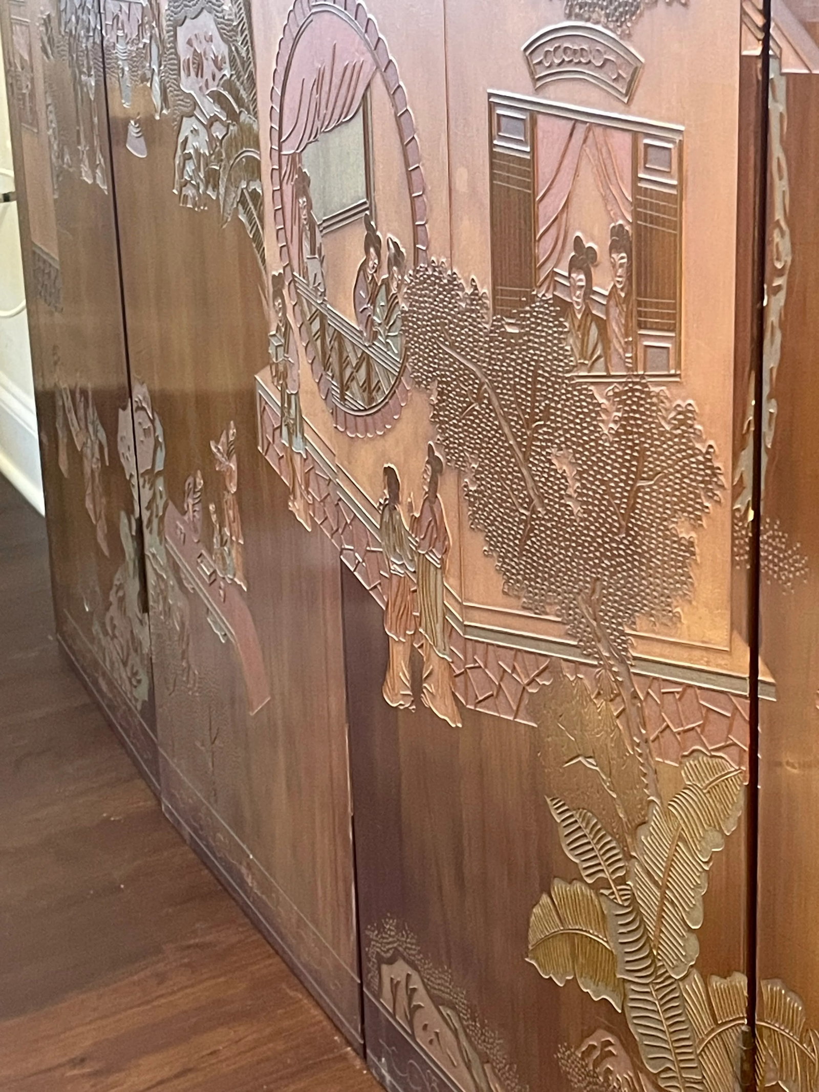Early 20th Century Four Panel Wood Chinese Asian Coromandel Screen or Wall Art With Etched Landscape - 4