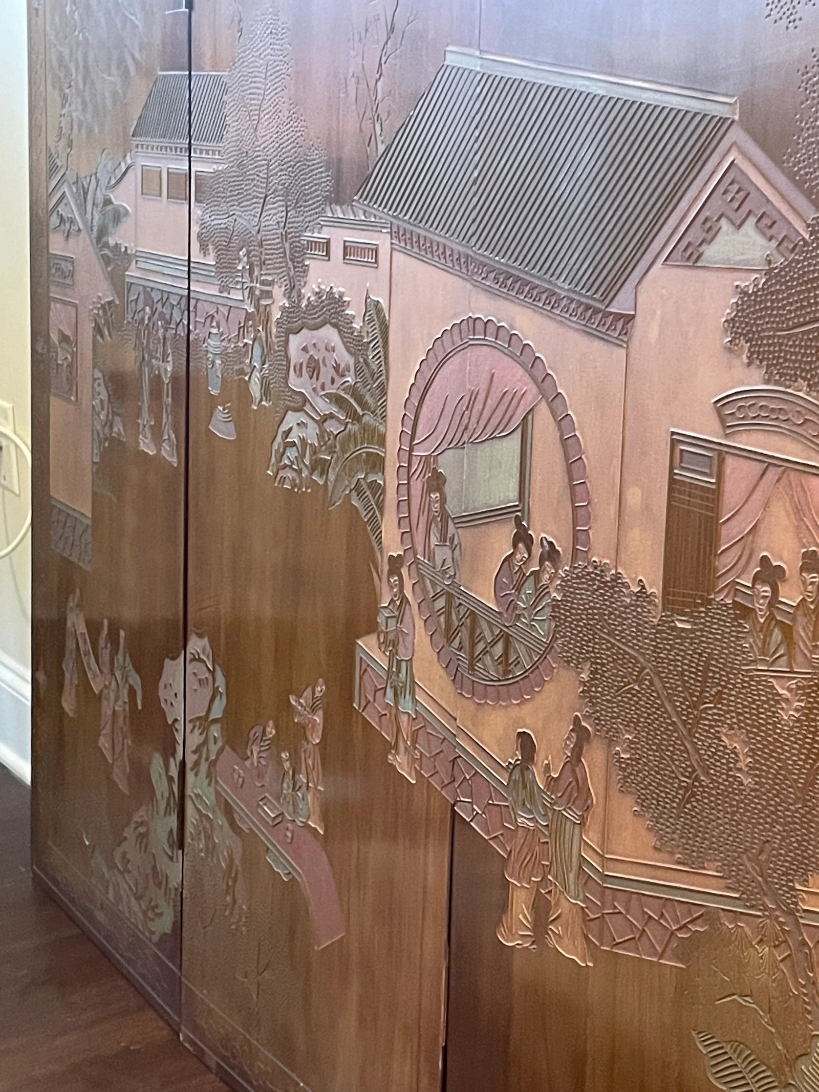 Early 20th Century Four Panel Wood Chinese Asian Coromandel Screen or Wall Art With Etched Landscape - 5