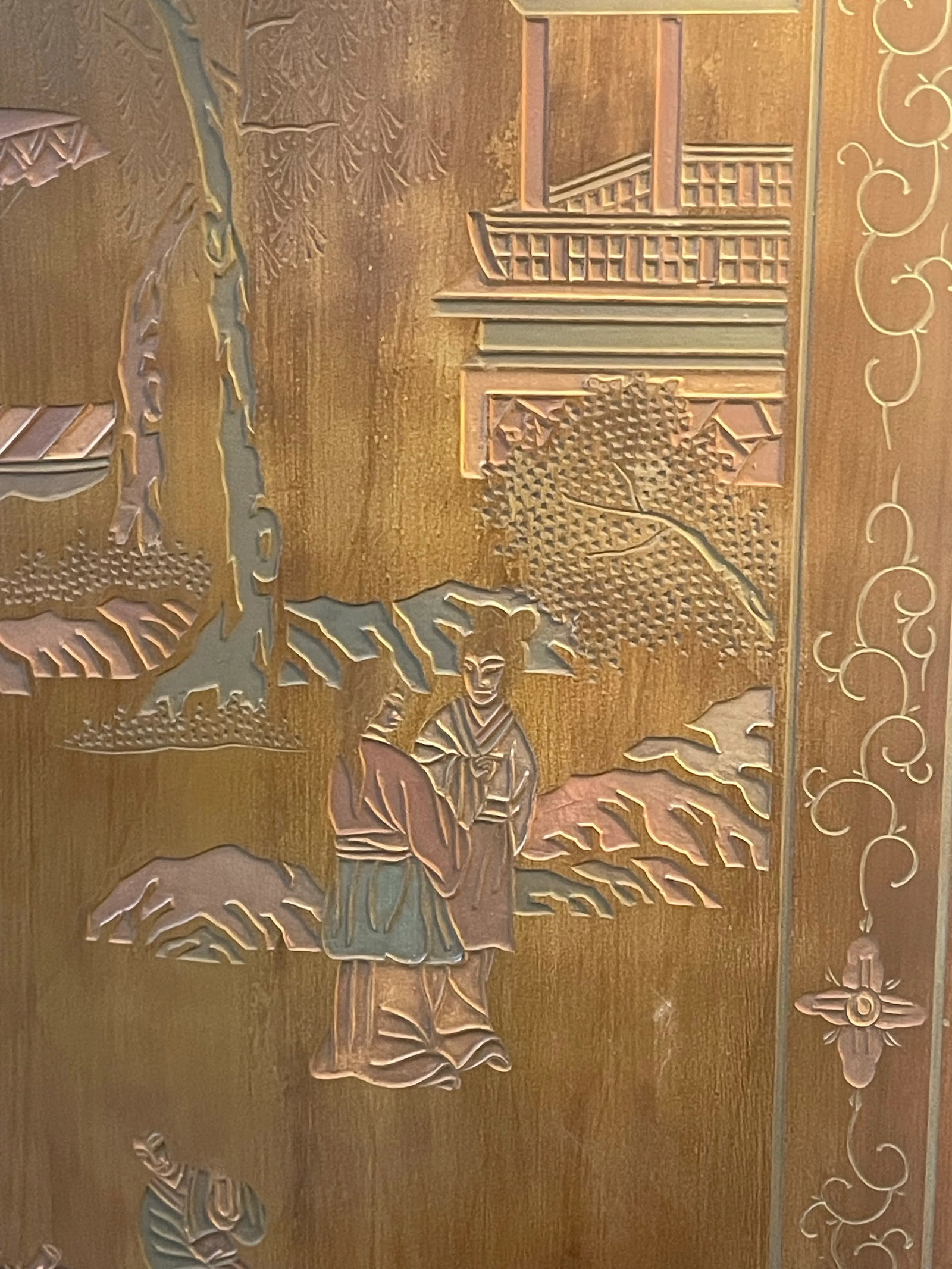 Early 20th Century Four Panel Wood Chinese Asian Coromandel Screen or Wall Art With Etched Landscape - 6
