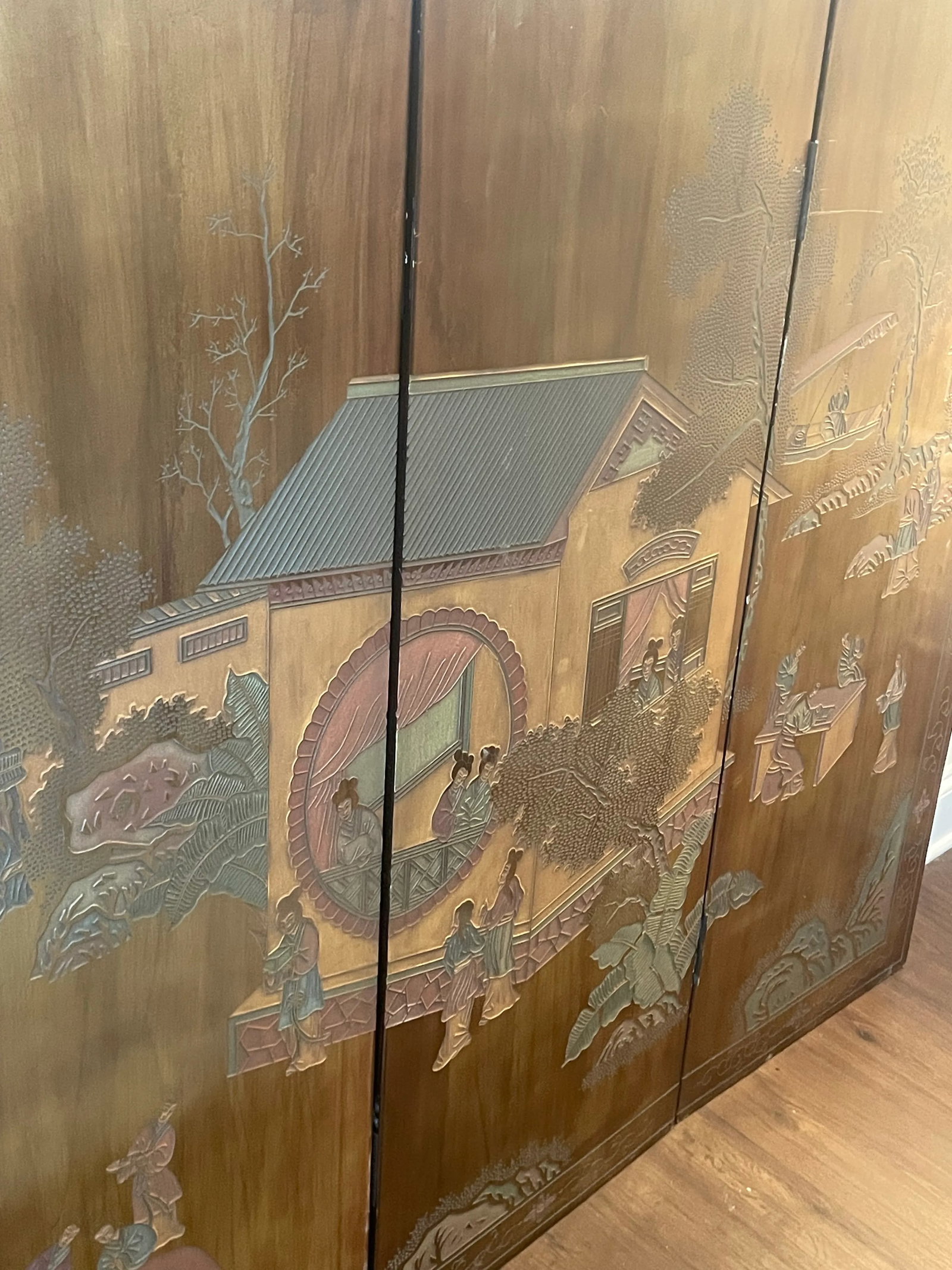 Early 20th Century Four Panel Wood Chinese Asian Coromandel Screen or Wall Art With Etched Landscape - 8