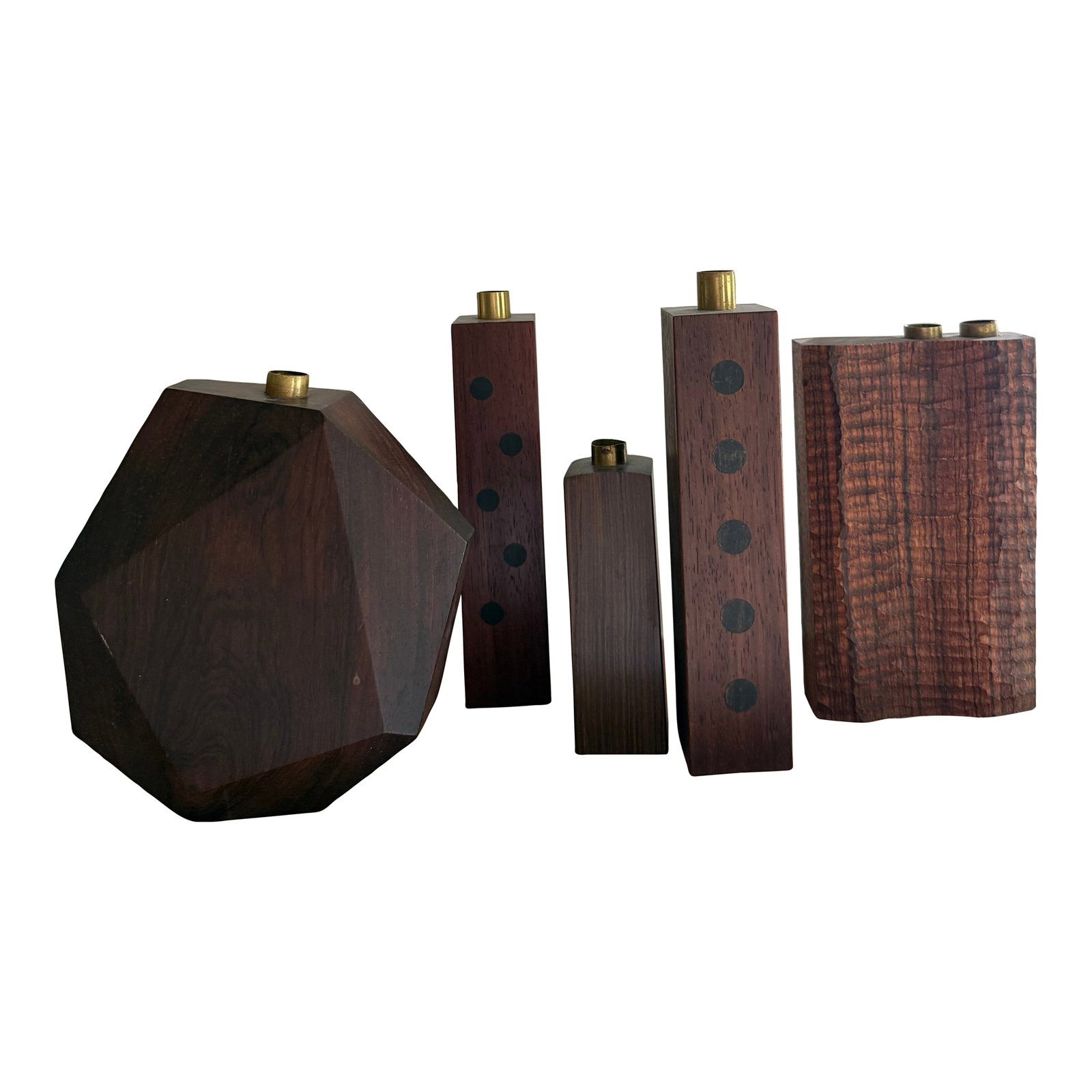 Mid 20th Century Hardwood Candle Holders - Set of 5: Beautiful set of 5 unique hardwood sculpted candle holders, all in different shapes and sizes ranging from 5 to 10 inches tall. Brass cups. Mid-century. Perfect gift! Condition: Alterations: Original 