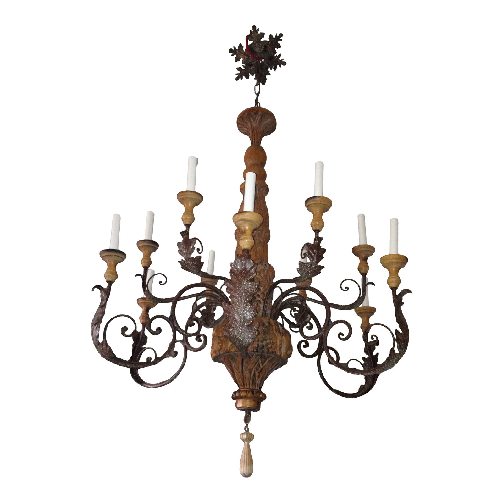 Iron & Wood Chandelier: Iron & Wood chandelier; great for breakfast room or casual dining room. Has rustic look - perfect for weekend country home or French inspired home Condition: Alterations: Original Condition Unaltered