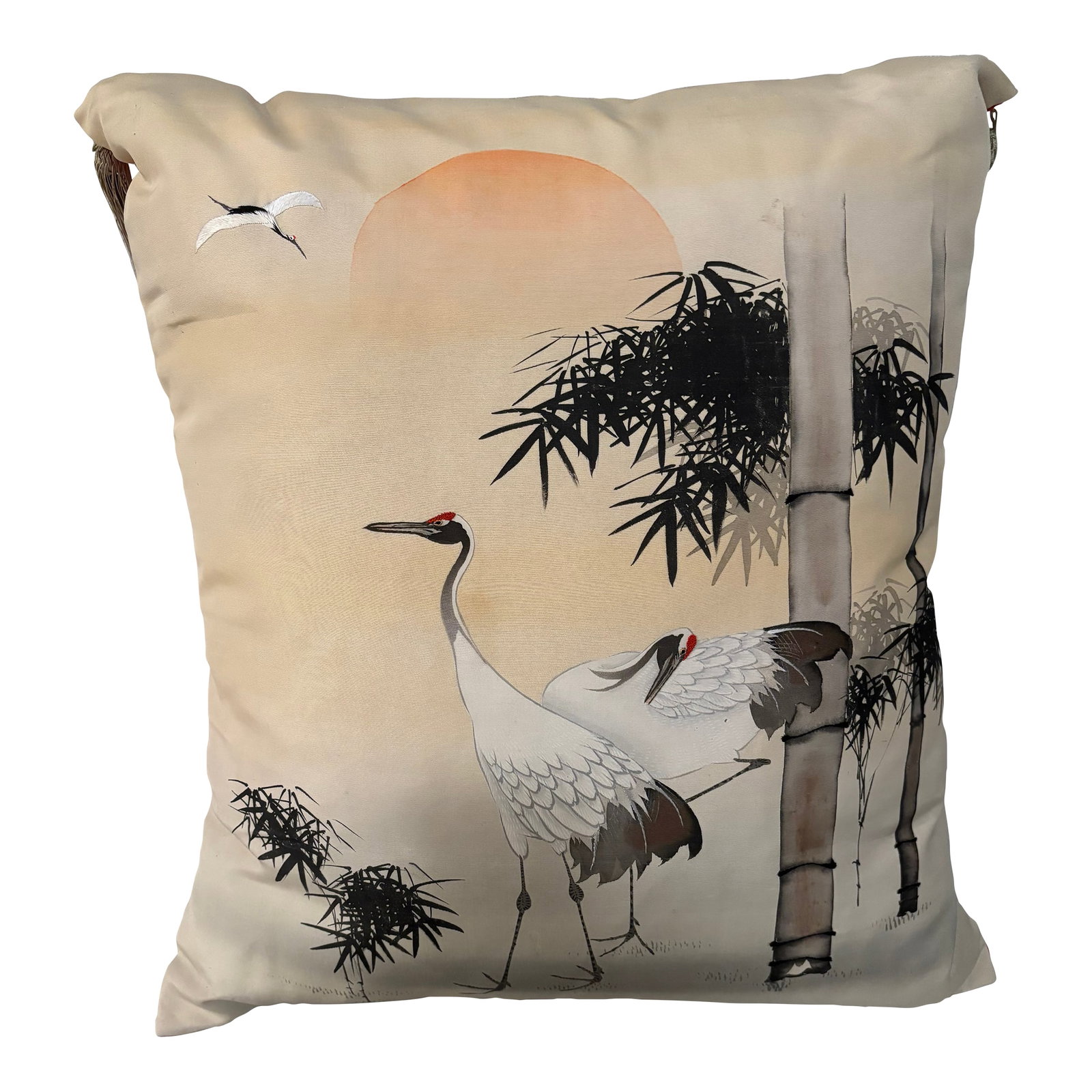Antique Asian Textile Art Pillow (1912-19260 Forbidden Stich: Silk fukusa ( gift cloth) featuring cranes and bamboo motifs with subtle full rising moon. Cranes and bamboo are sumi e and sagara embroidery highlights. (The forbidden stitch) The more one studies th