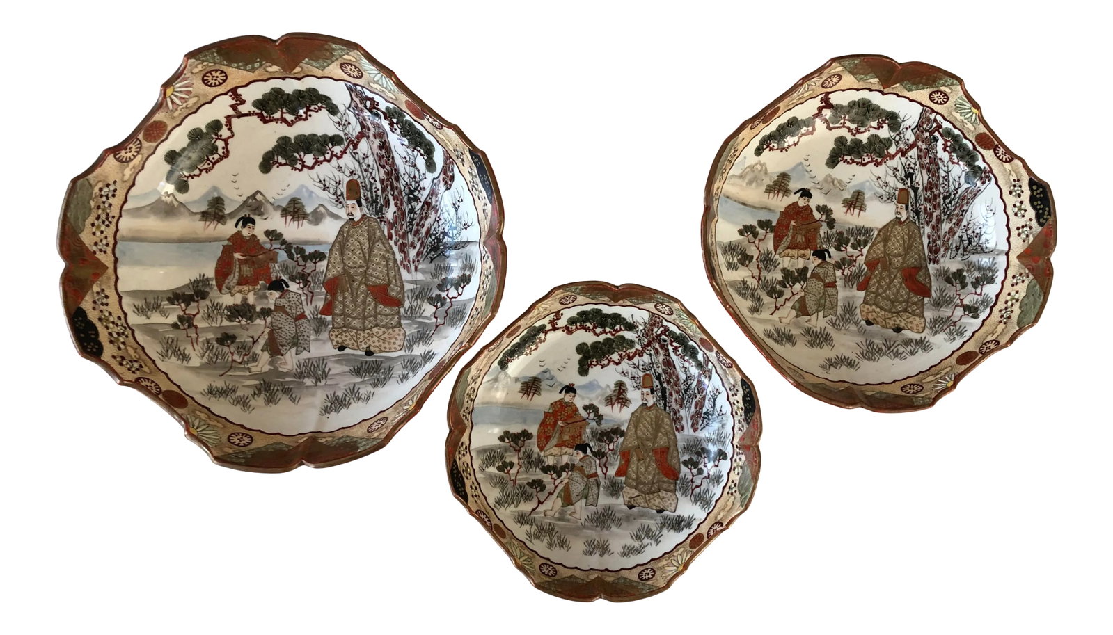 19th Century Japanese Hand Painted Round Kutani Nesting Bowls - Set of 3 (1 of 9)