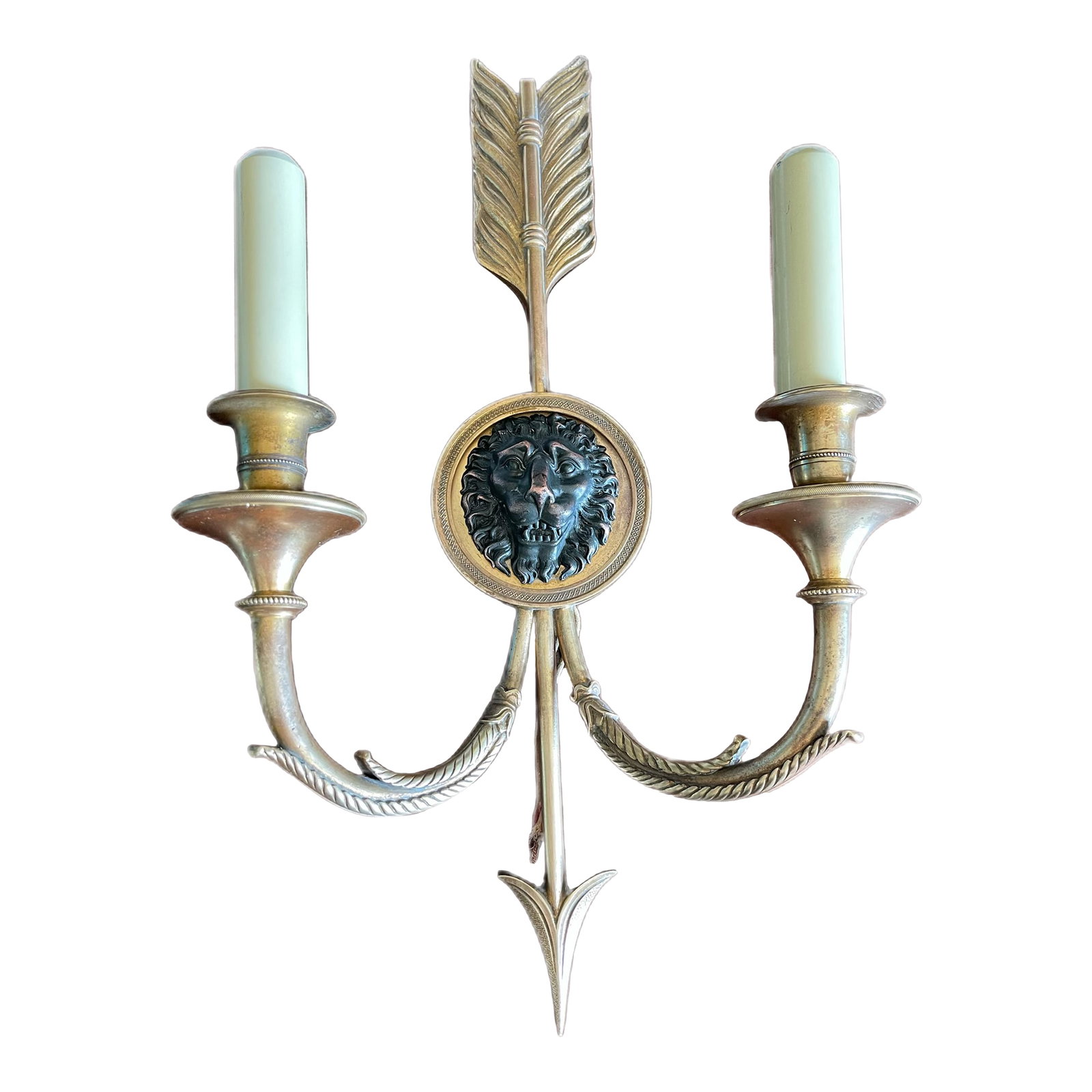 Early 20th Century French Bronze Empire Style With Lion Head and Arrow Sconce Light: The Antique French Bronze Empire Style Sconce Light features a majestic design with a lion head and arrow motif, adding a touch of elegance to any room. Made of high-quality bronze, this sconce