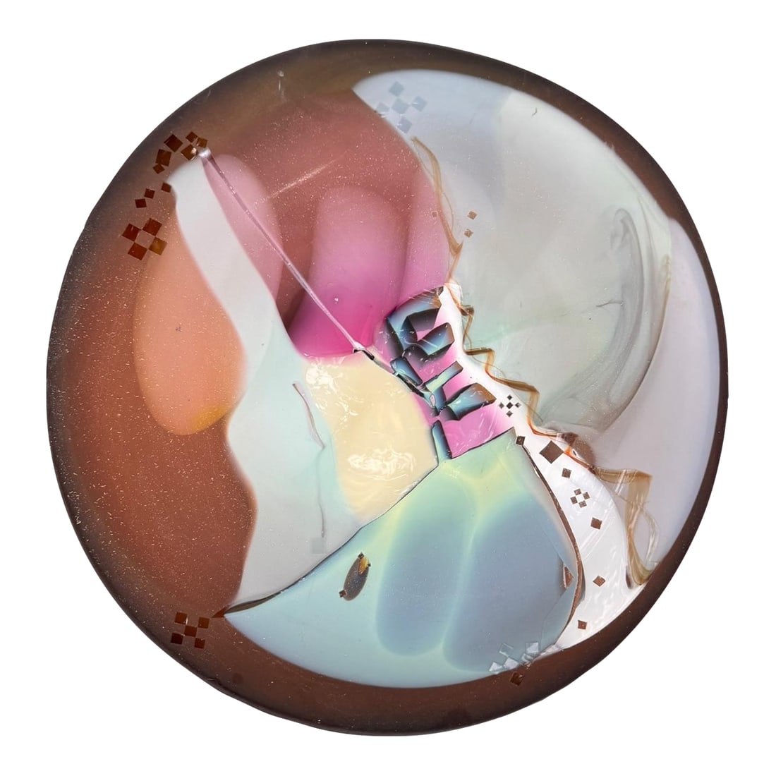 Signed 1985 Jones Studio Fused Art Glass Platter: Commanding in both presence and size, this approximately 19" art glass platter is a true showcase of color and technique; this hand-formed piece features a mesmerizing interplay of rich earth tones,