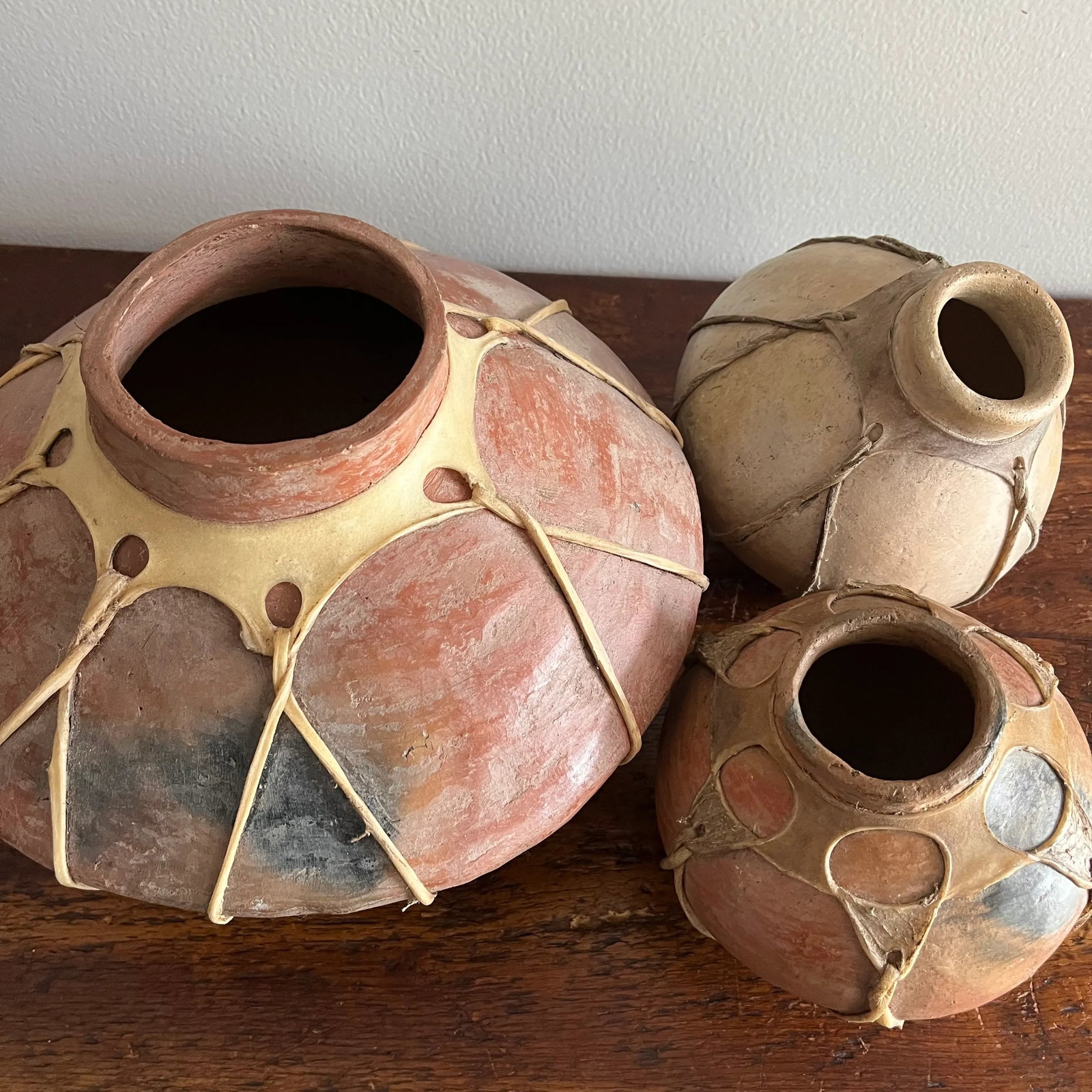 1950s Mexican Tarahumara / Raramuri Potter Rawhide-Bound Earthenware Olla Vessel Jug Pot - Set of 3 - 10