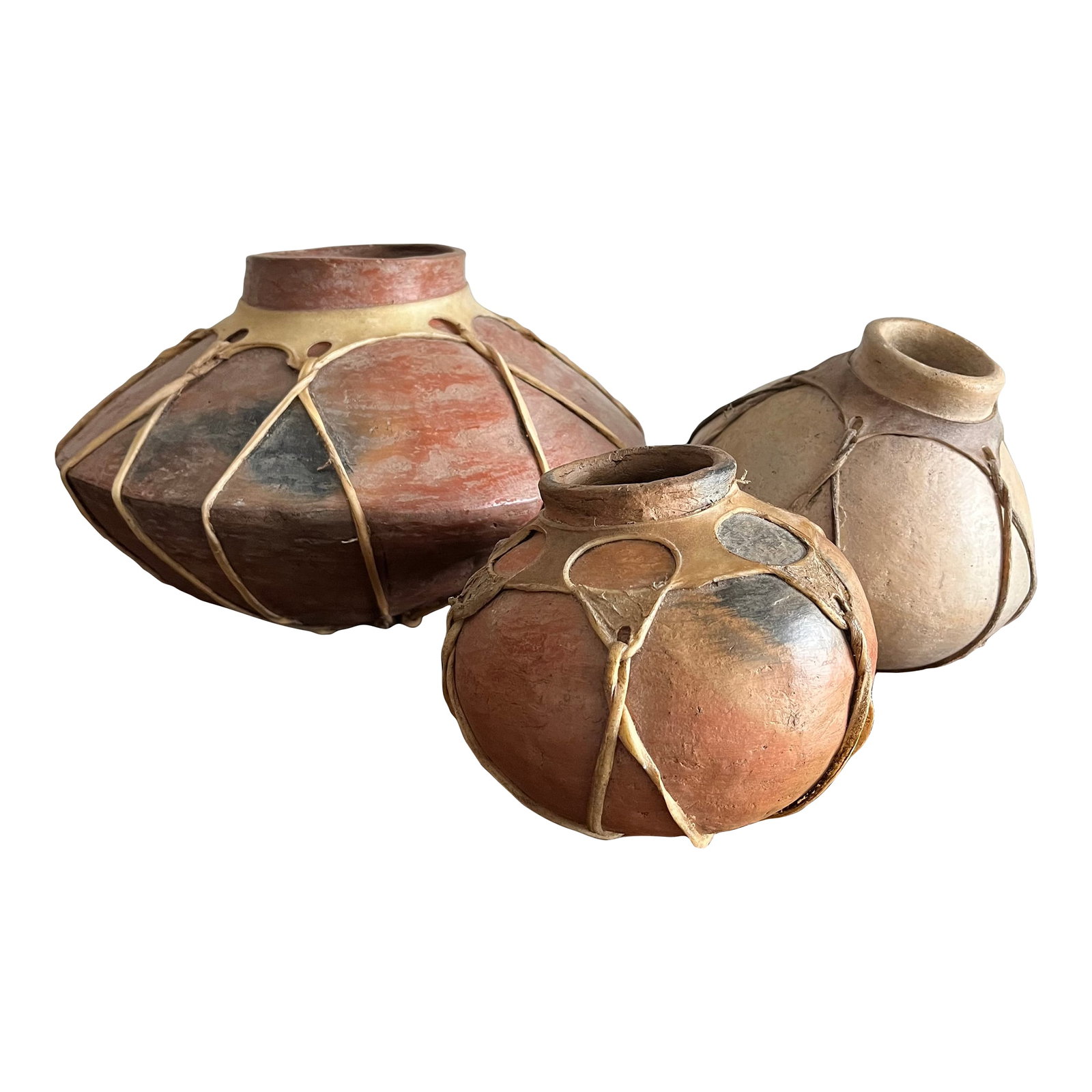 1950s Mexican Tarahumara / Raramuri Potter Rawhide-Bound Earthenware Olla Vessel Jug Pot - Set of 3: Wonderful collection of handmade Mexican Tarahumar/ Raramuri Pottery. Rawhide-Bound earthenware pots Dimensions on photos. Condition: Alterations: Original Condition Unaltered Imperfections: Some