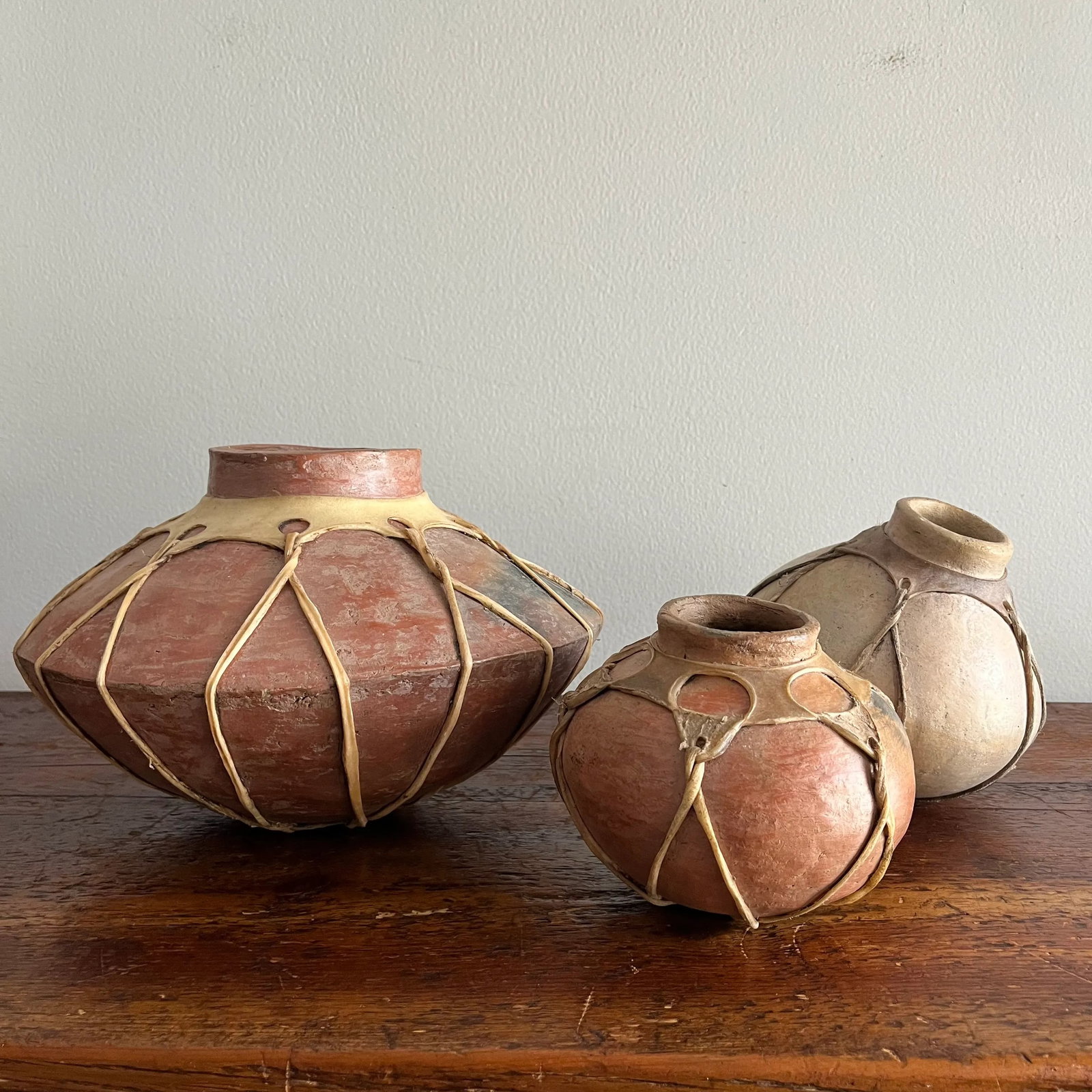 1950s Mexican Tarahumara / Raramuri Potter Rawhide-Bound Earthenware Olla Vessel Jug Pot - Set of 3 - 3