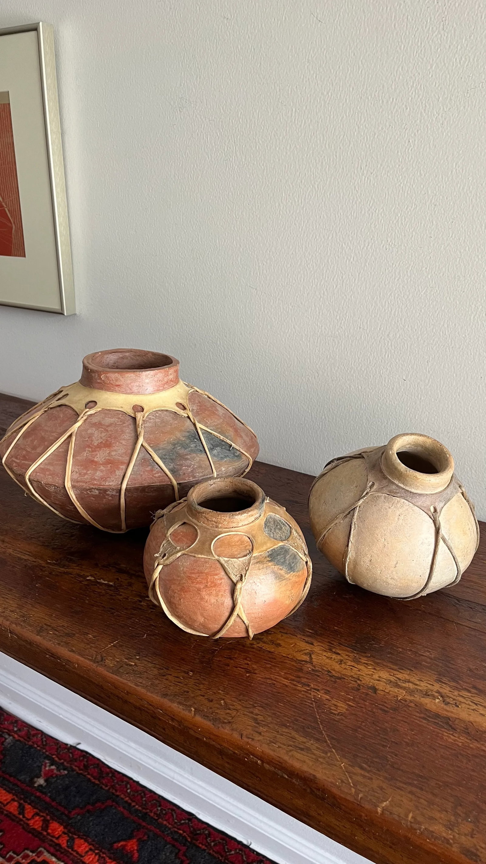 1950s Mexican Tarahumara / Raramuri Potter Rawhide-Bound Earthenware Olla Vessel Jug Pot - Set of 3 - 4