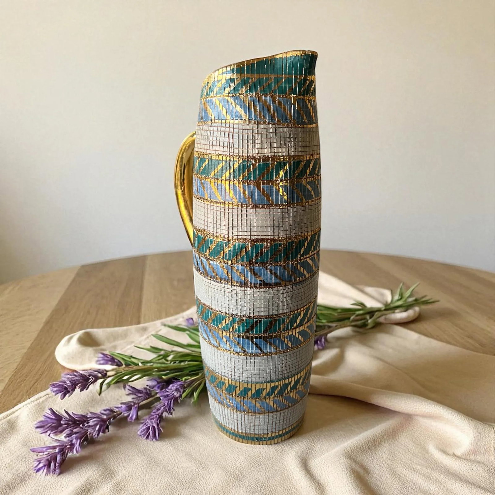 Bitossi Sgraffito Pitcher by Aldo Londi - Italian Pottery Vase With Blue Interior - 2