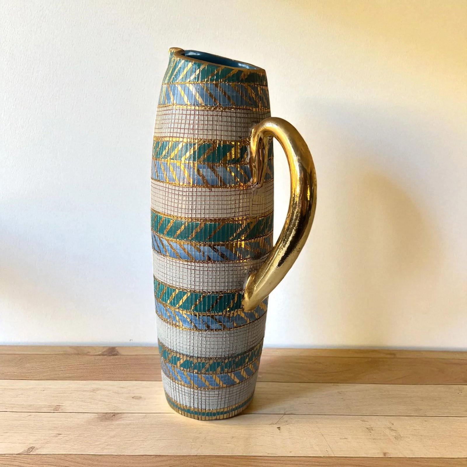 Bitossi Sgraffito Pitcher by Aldo Londi - Italian Pottery Vase With Blue Interior - 3