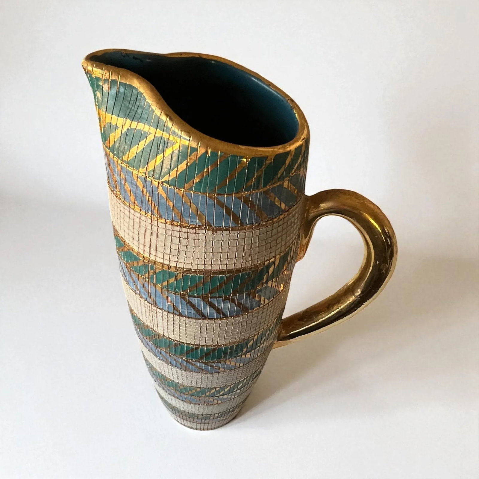 Bitossi Sgraffito Pitcher by Aldo Londi - Italian Pottery Vase With Blue Interior - 6